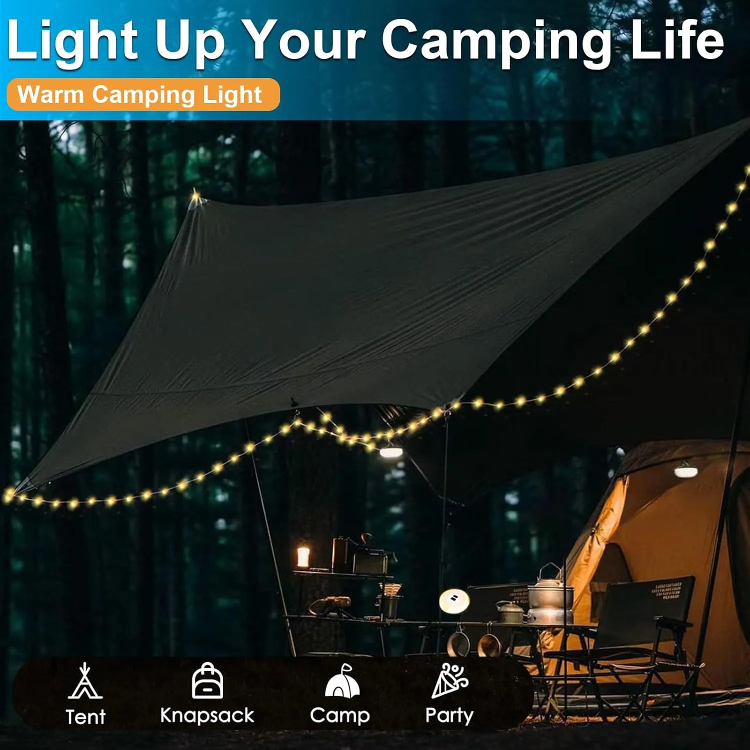 LIGBT Camping String Lights 32.8FT 3-in-1 Outdoor String Lights with 15 Lighting Modes, Rechargeable, Waterproof, Green