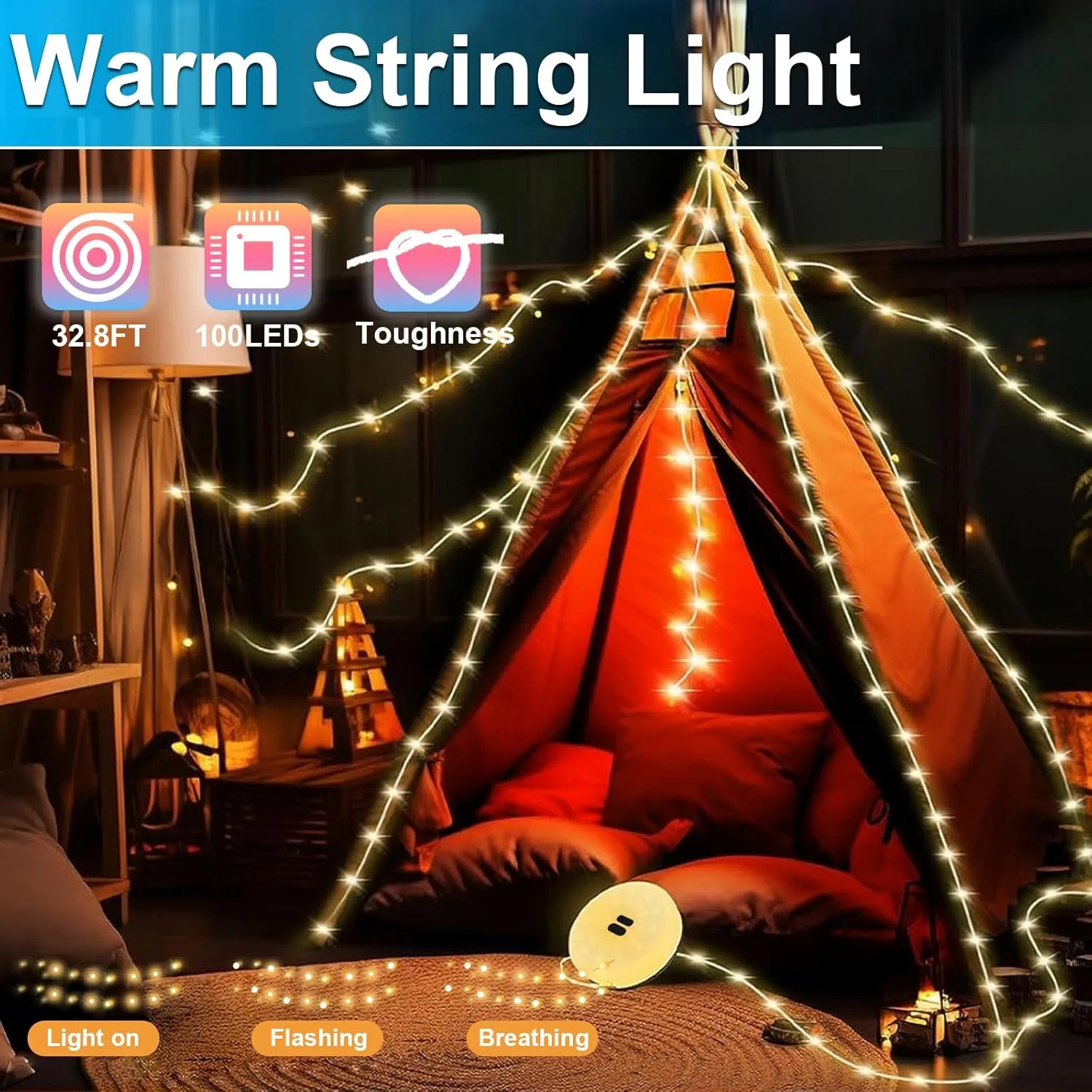 LIGBT Camping String Lights 32.8FT 3-in-1 Outdoor String Lights with 15 Lighting Modes, Rechargeable, Waterproof, Green