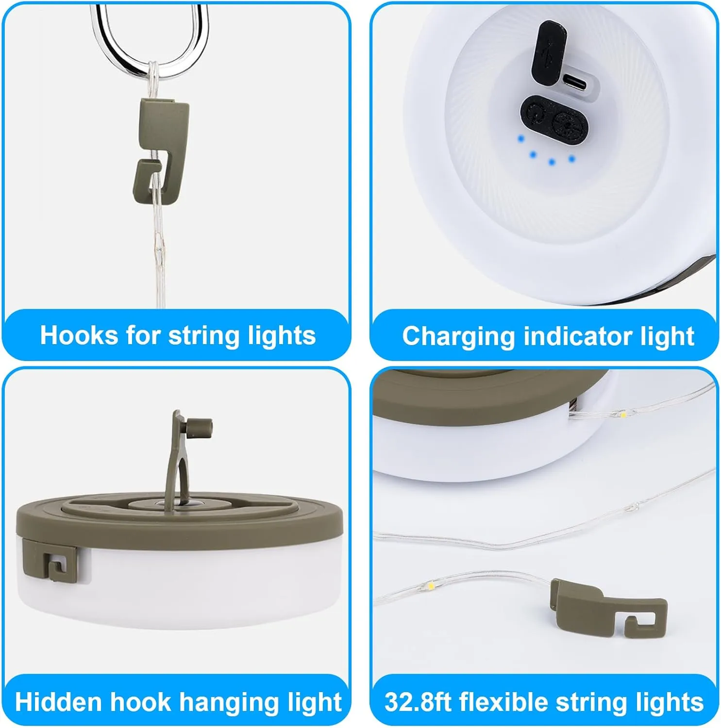 LIGBT Camping String Lights 32.8FT 3-in-1 Outdoor String Lights with 15 Lighting Modes, Rechargeable, Waterproof, Green