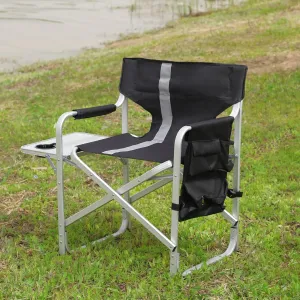 Lightweight Oversized 1-Piece Padded Folding Outdoor Chair with Side Table and Storage Pockets, Black/Grey