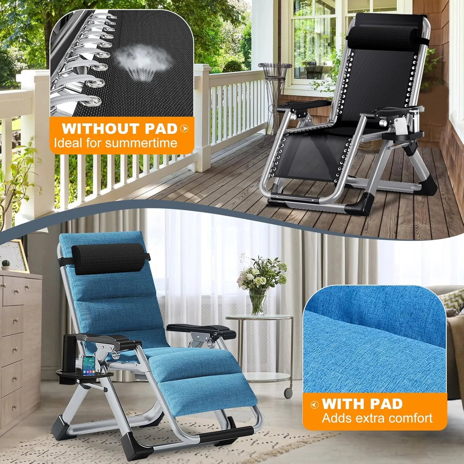 LILYPELLE Comfy Folding Chair, Folding Lounge Chair for Bedroom and Living Room, Folding Reclining Patio Chairs with Removable Cushion for Indoor Outdoor