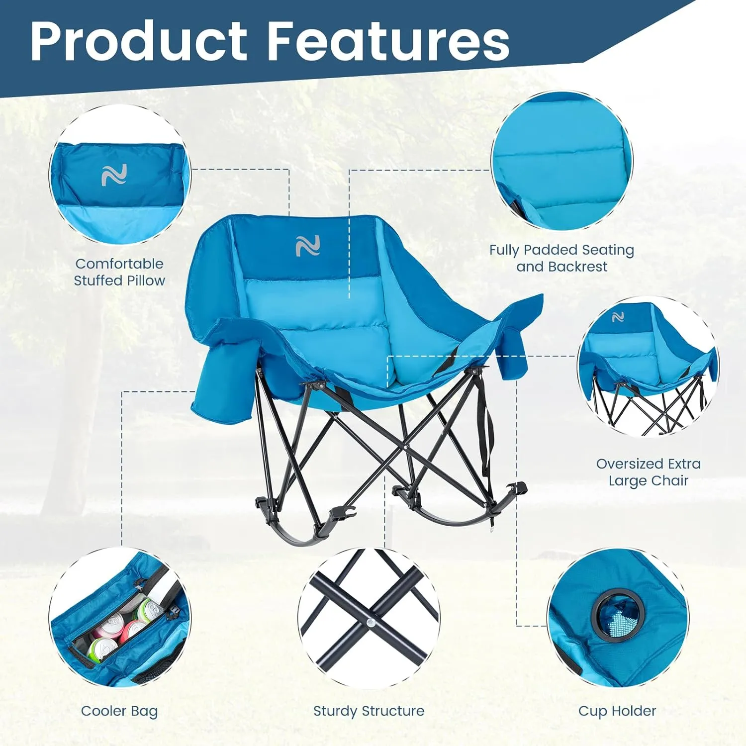 LILYPELLE Oversized Rocking Camping Chair, Fully Padded Patio Chair with Cooler Bag and Side Pocket, High Back Portable Lawn Recliner Rocker Chairs for Camp, Patio, Supports 400 lbs