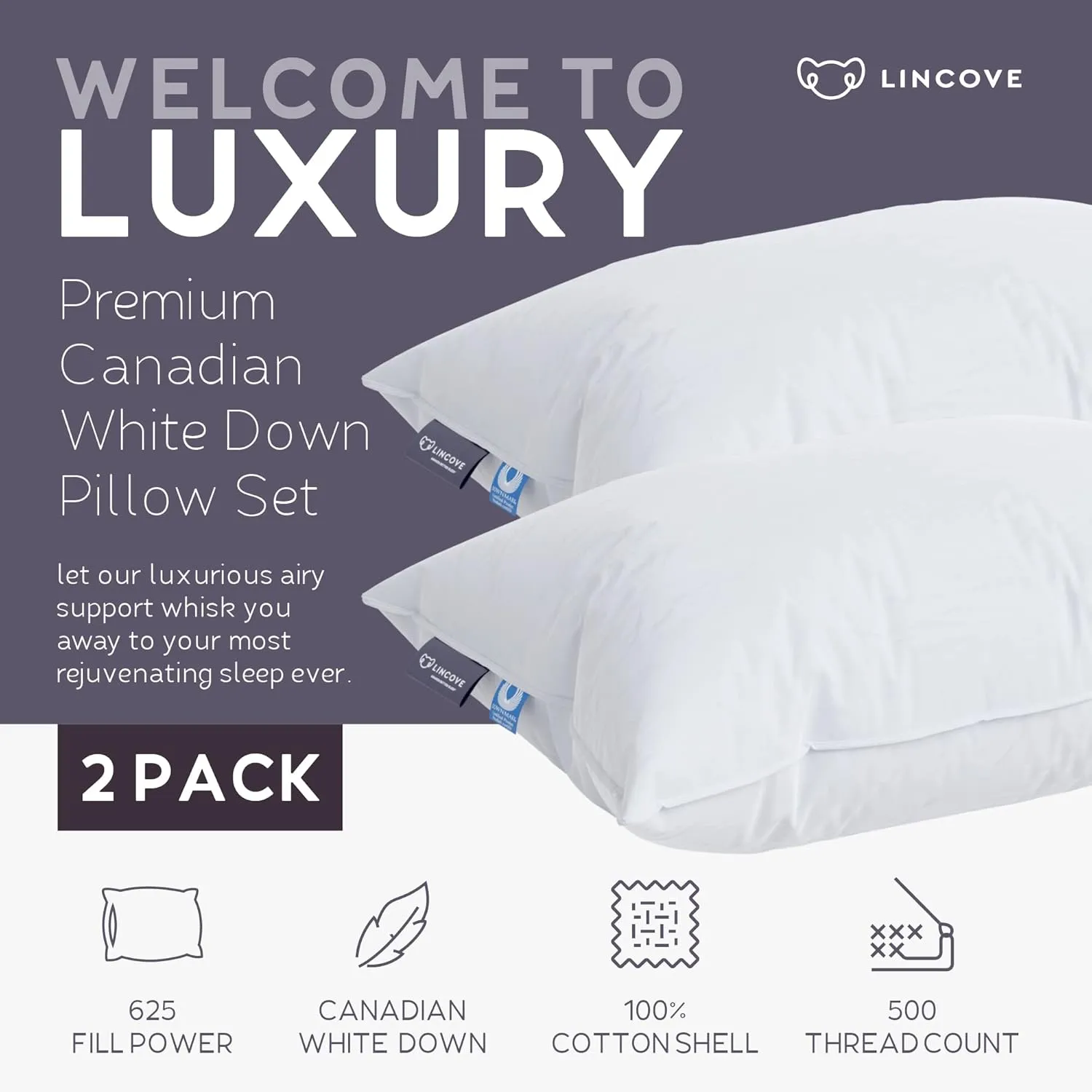 Lincove Cloud Natural Canadian Down Pillow, White Luxury Sleeping Pillow - 625 Fill Power, 500 Thread Count Cotton Shell, Made in Canada, Queen - Medium, 2 Pack