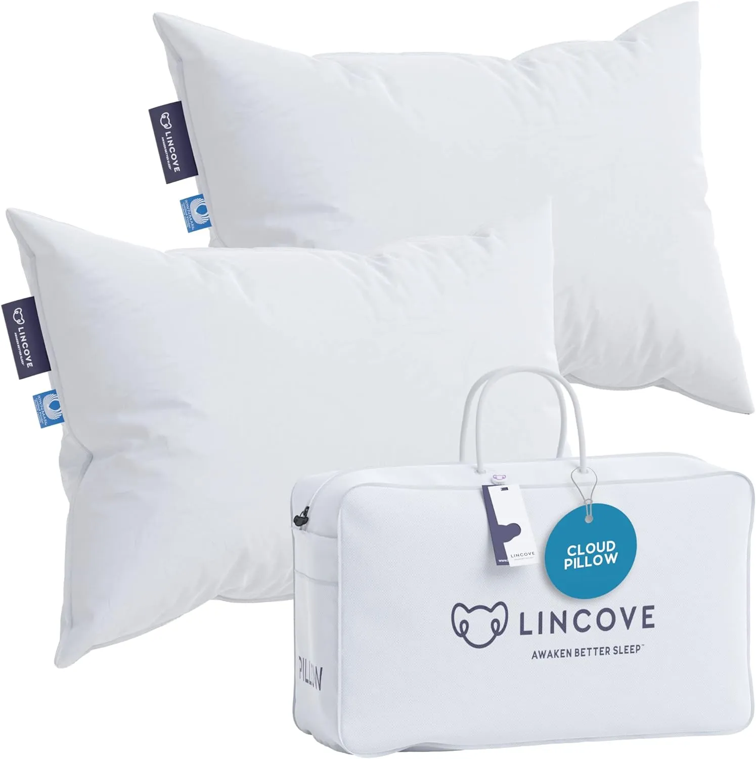 Lincove Cloud Natural Canadian Down Pillow, White Luxury Sleeping Pillow - 625 Fill Power, 500 Thread Count Cotton Shell, Made in Canada, Queen - Medium, 2 Pack
