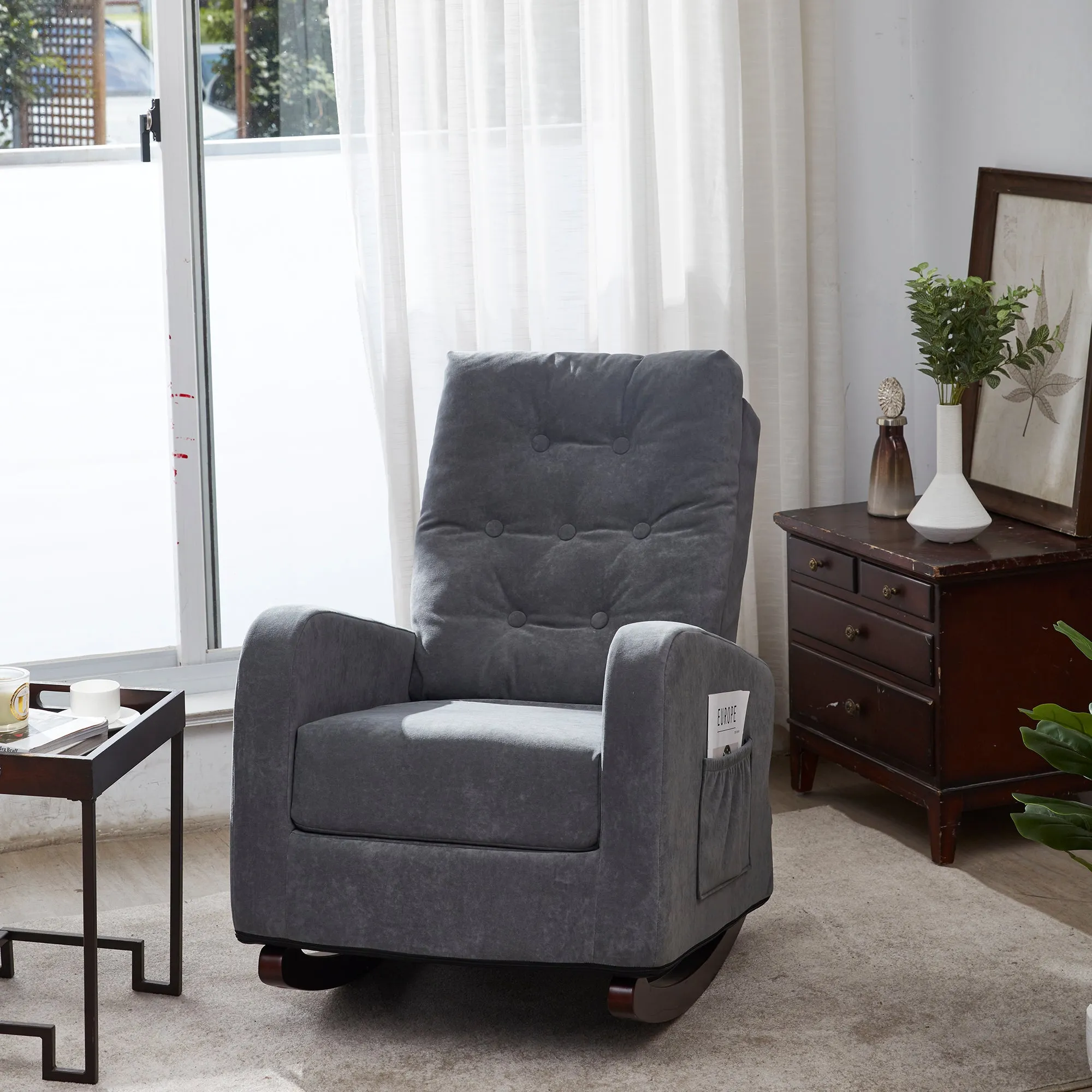 Living Room Chair Lazy Recliner Comfortable Fabric High Back Armchair- Antique Gray