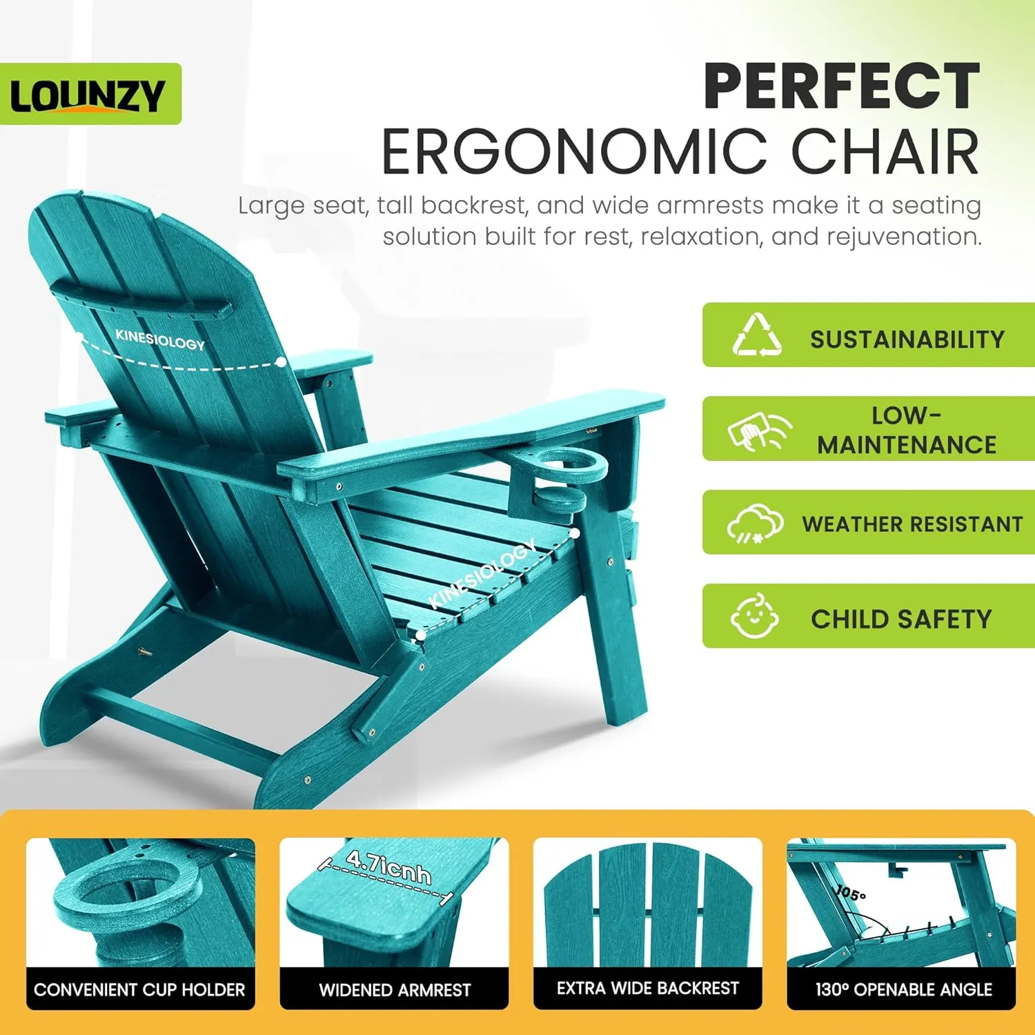 LOUNZY Folding Adirondack Chair with Cup Holder, HDPE All-Weather Folding Patio Chair, Outdoor Patio Adirondack Chair for Lawn Porch Garden Backyard Deck Fire Pit, Aruba