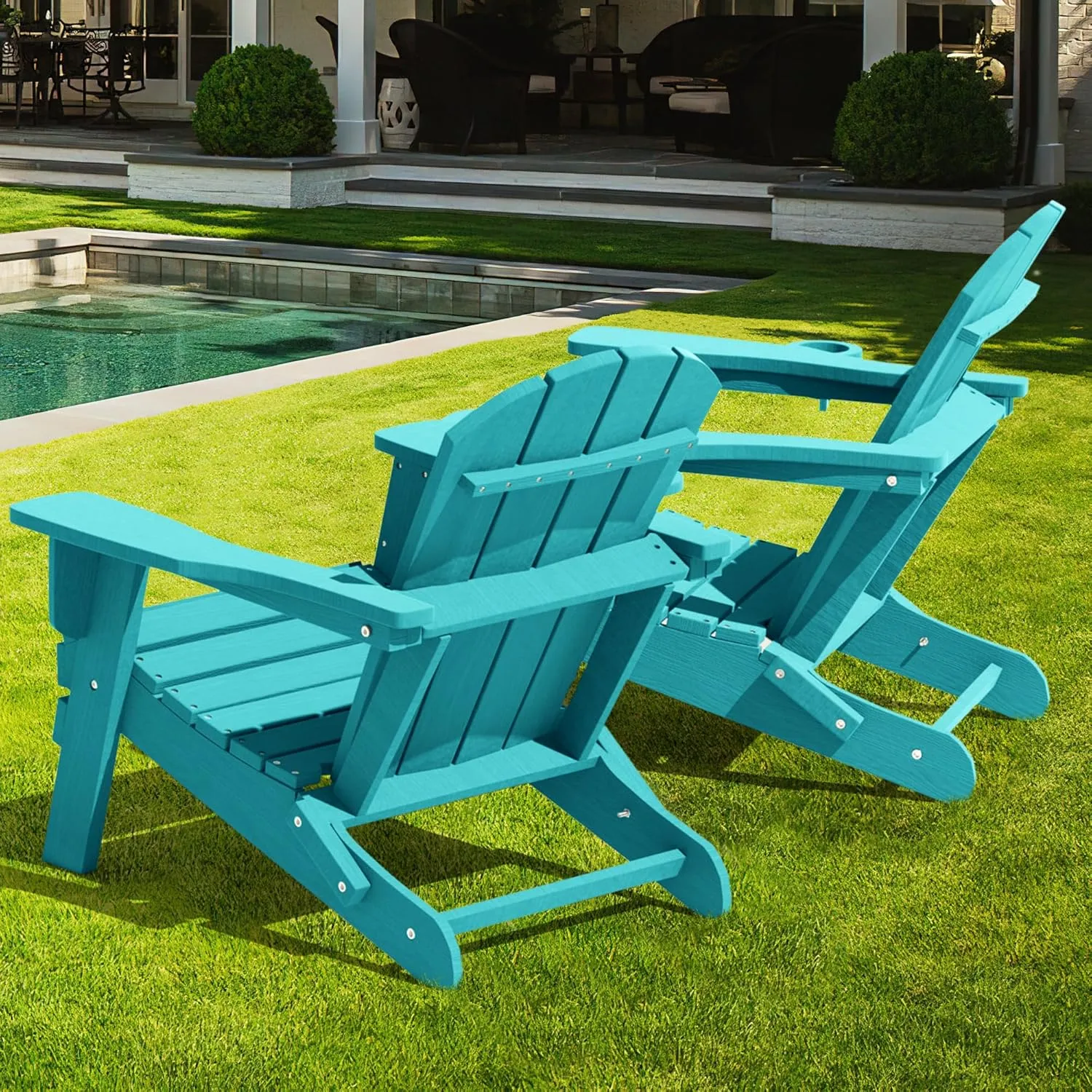 LOUNZY Folding Adirondack Chair with Cup Holder, HDPE All-Weather Folding Patio Chair, Outdoor Patio Adirondack Chair for Lawn Porch Garden Backyard Deck Fire Pit, Aruba