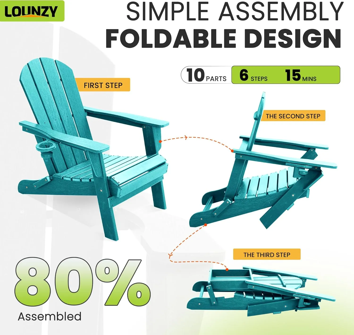 LOUNZY Folding Adirondack Chair with Cup Holder, HDPE All-Weather Folding Patio Chair, Outdoor Patio Adirondack Chair for Lawn Porch Garden Backyard Deck Fire Pit, Aruba