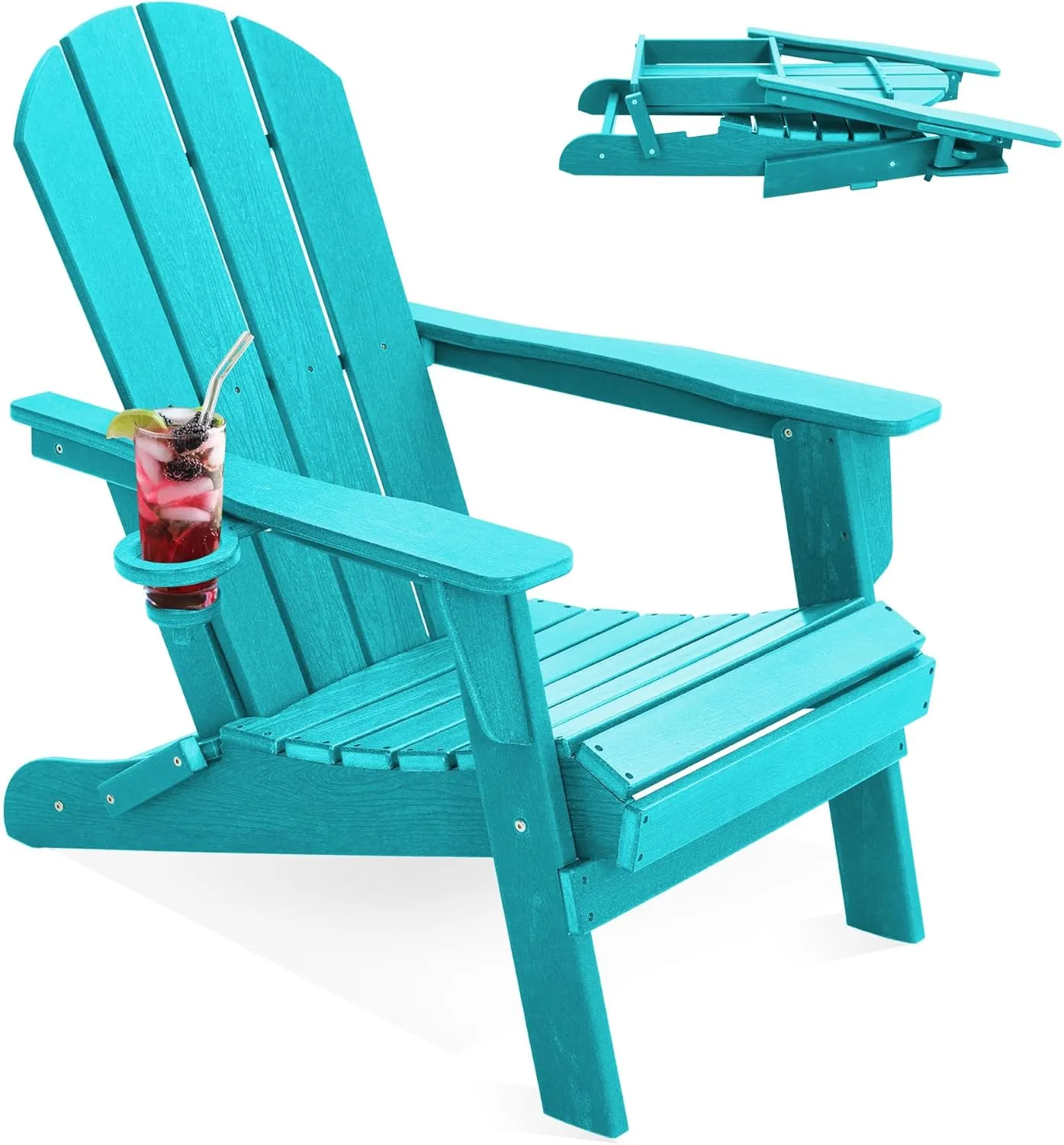 LOUNZY Folding Adirondack Chair with Cup Holder, HDPE All-Weather Folding Patio Chair, Outdoor Patio Adirondack Chair for Lawn Porch Garden Backyard Deck Fire Pit, Aruba