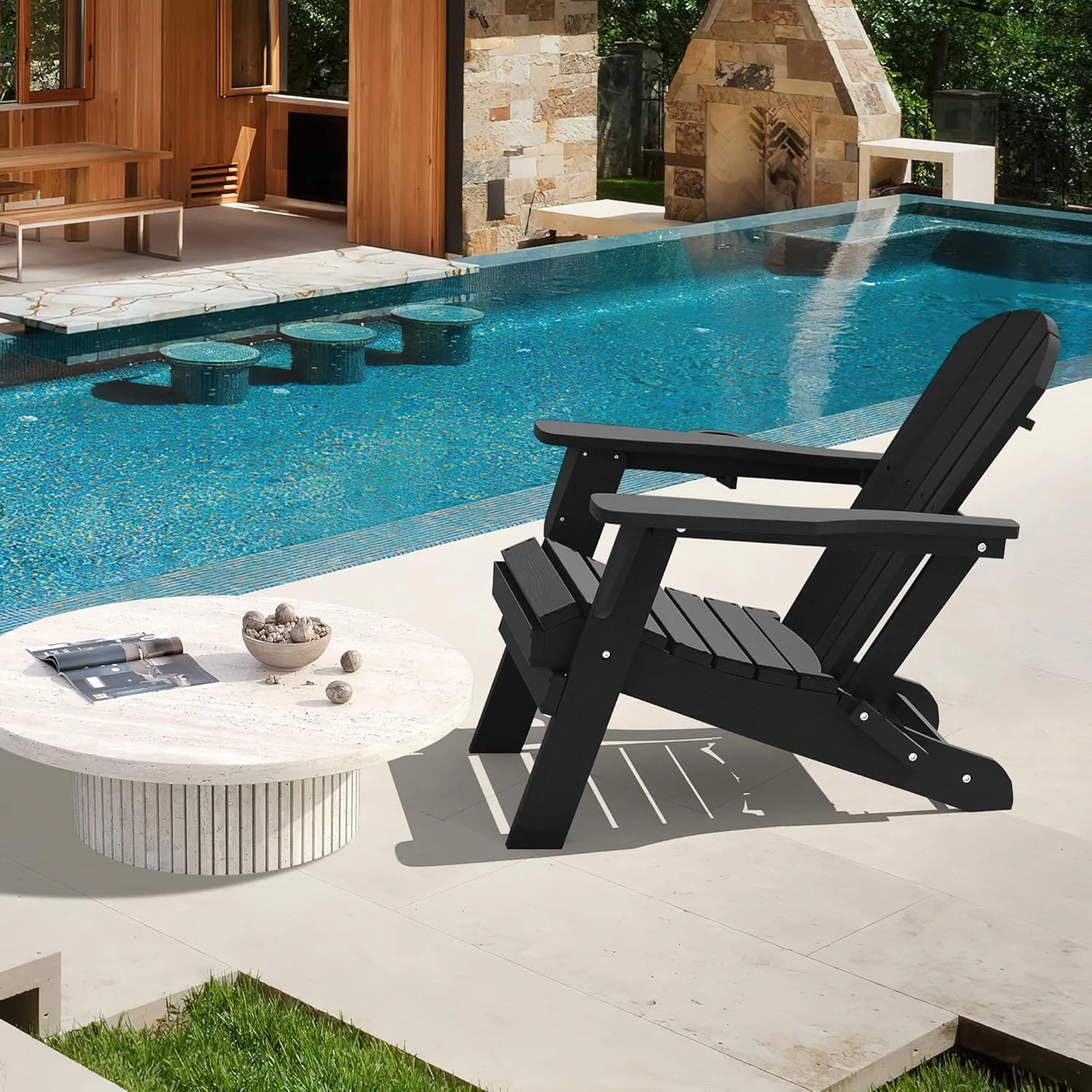 LOUNZY Folding Adirondack Chair with Cup Holder, HDPE All-Weather Folding Patio Chair, Outdoor Patio Adirondack Chair for Lawn Porch Garden Backyard Deck Fire Pit, Black
