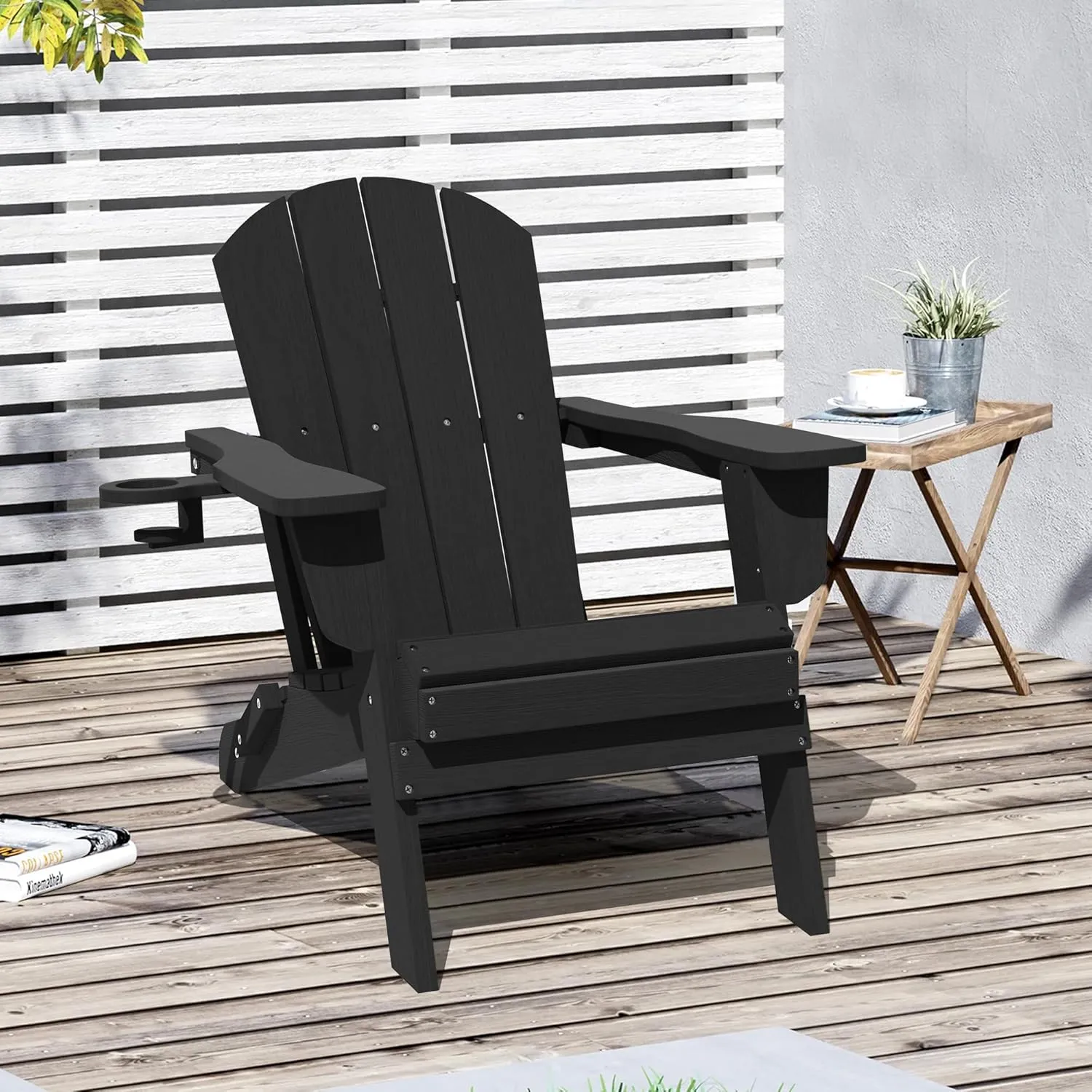 LOUNZY Folding Adirondack Chair with Cup Holder, HDPE All-Weather Folding Patio Chair, Outdoor Patio Adirondack Chair for Lawn Porch Garden Backyard Deck Fire Pit, Black
