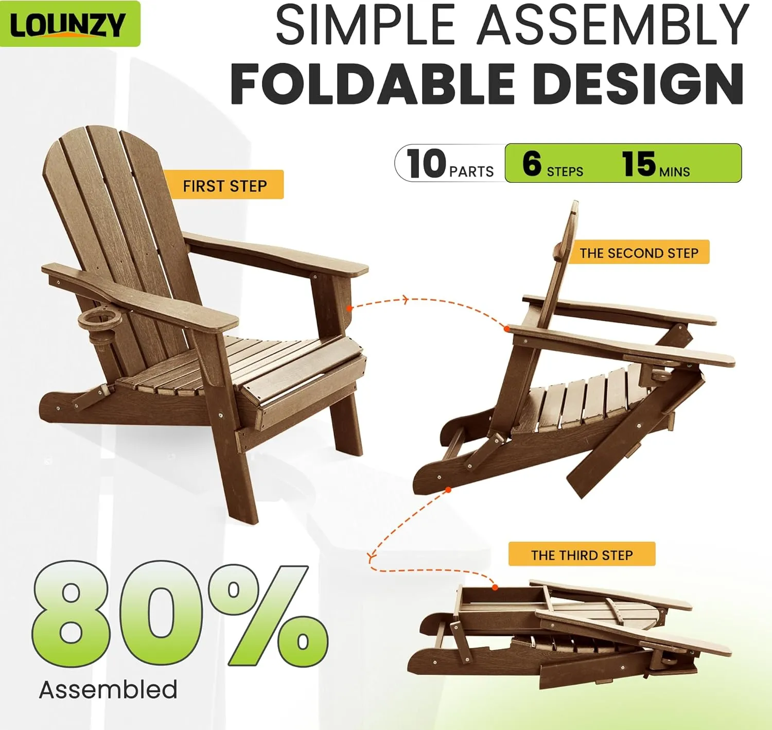 LOUNZY Folding Adirondack Chair with Cup Holder, HDPE All-Weather Folding Patio Chair, Outdoor Patio Adirondack Chair for Lawn Porch Garden Backyard Deck Fire Pit, Brown