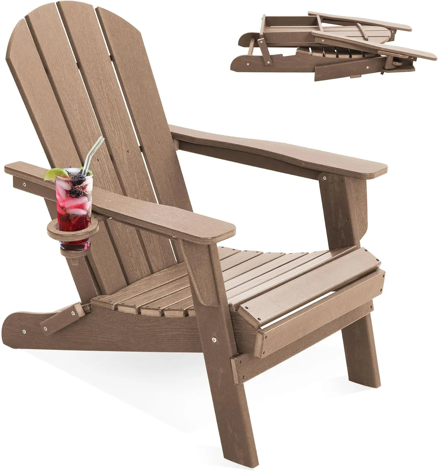 LOUNZY Folding Adirondack Chair with Cup Holder, HDPE All-Weather Folding Patio Chair, Outdoor Patio Adirondack Chair for Lawn Porch Garden Backyard Deck Fire Pit, Brown