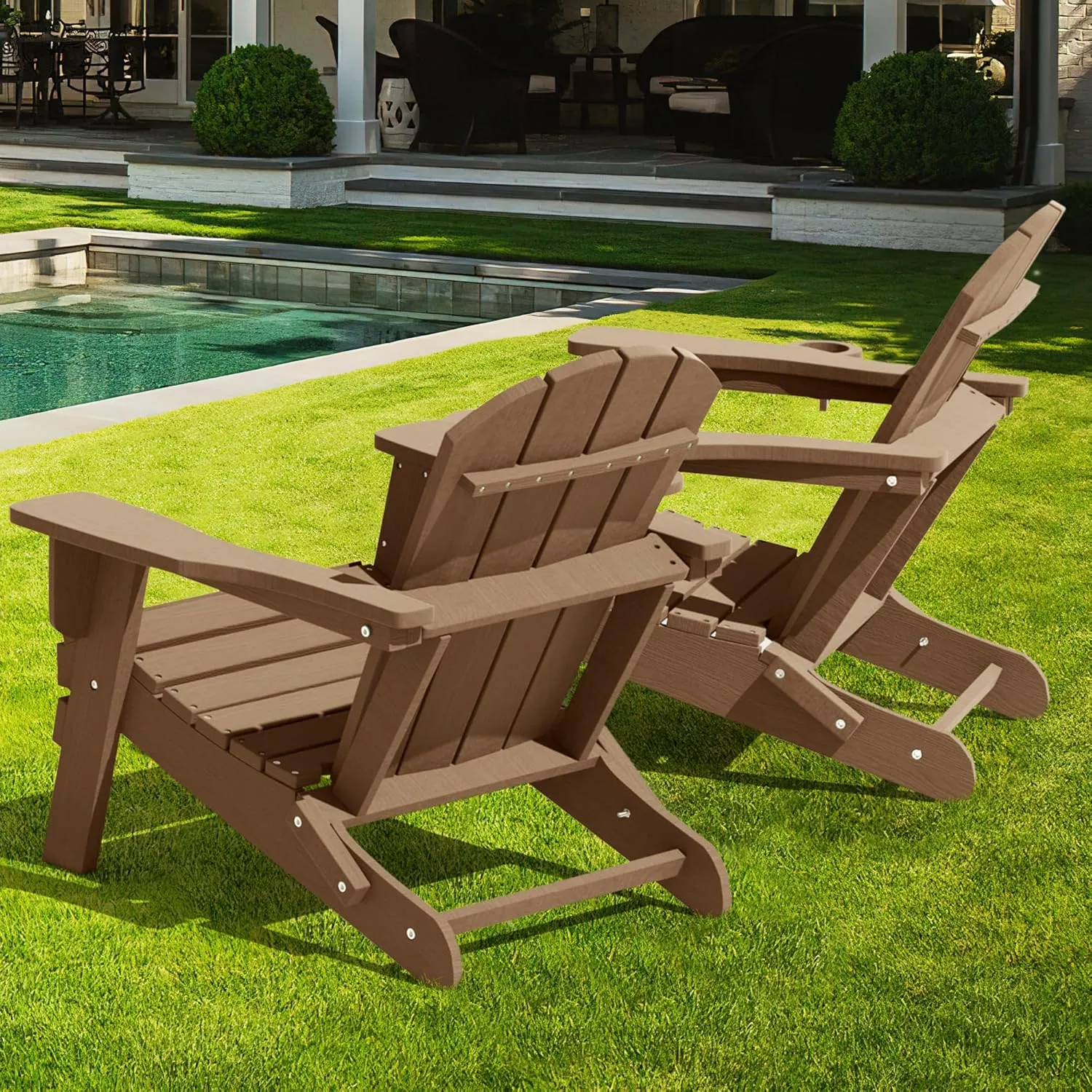LOUNZY Folding Adirondack Chair with Cup Holder, HDPE All-Weather Folding Patio Chair, Outdoor Patio Adirondack Chair for Lawn Porch Garden Backyard Deck Fire Pit, Brown
