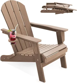 LOUNZY Folding Adirondack Chair with Cup Holder, HDPE All-Weather Folding Patio Chair, Outdoor Patio Adirondack Chair for Lawn Porch Garden Backyard Deck Fire Pit, Brown