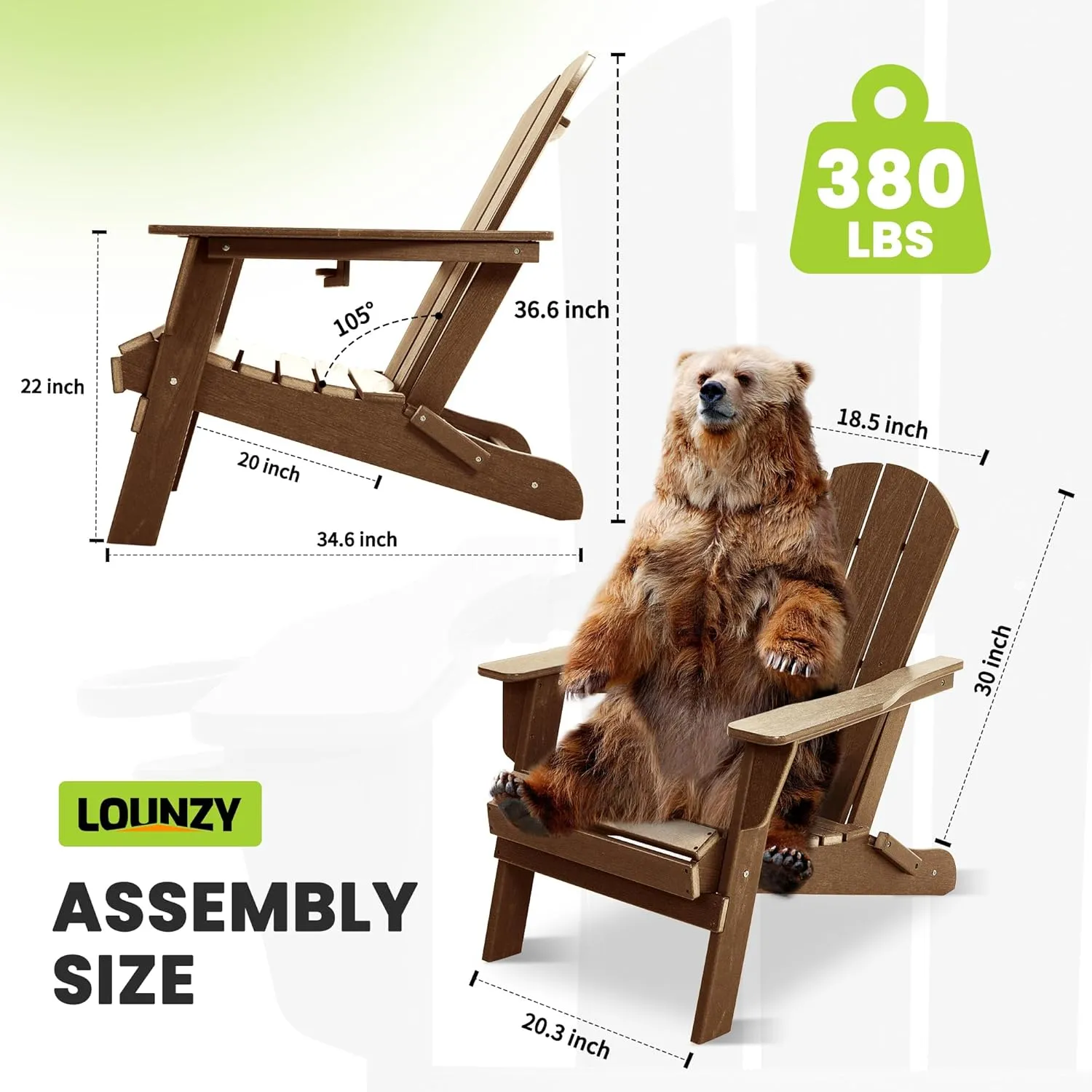 LOUNZY Folding Adirondack Chair with Cup Holder, HDPE All-Weather Folding Patio Chair, Outdoor Patio Adirondack Chair for Lawn Porch Garden Backyard Deck Fire Pit, Brown