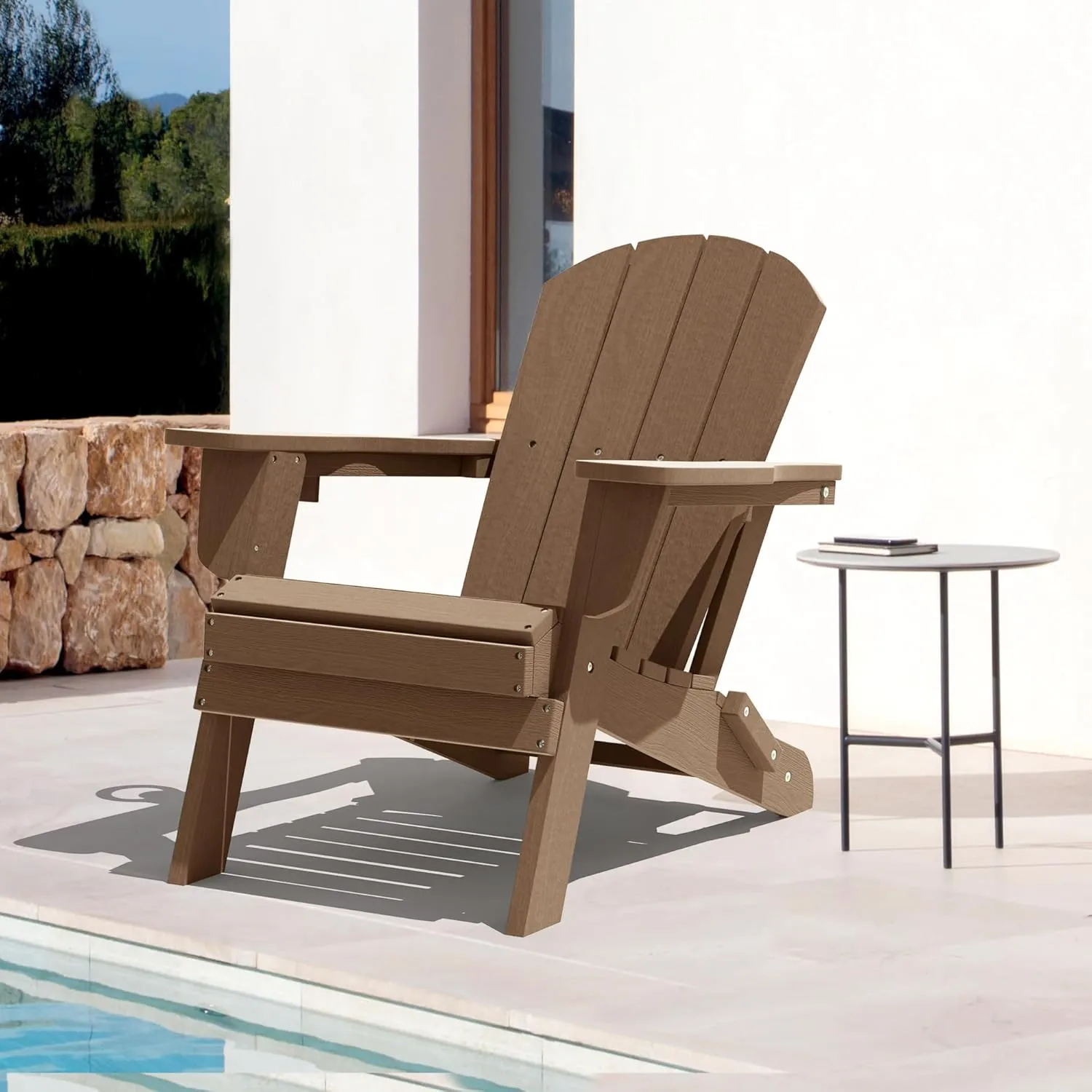 LOUNZY Folding Adirondack Chair with Cup Holder, HDPE All-Weather Folding Patio Chair, Outdoor Patio Adirondack Chair for Lawn Porch Garden Backyard Deck Fire Pit, Brown