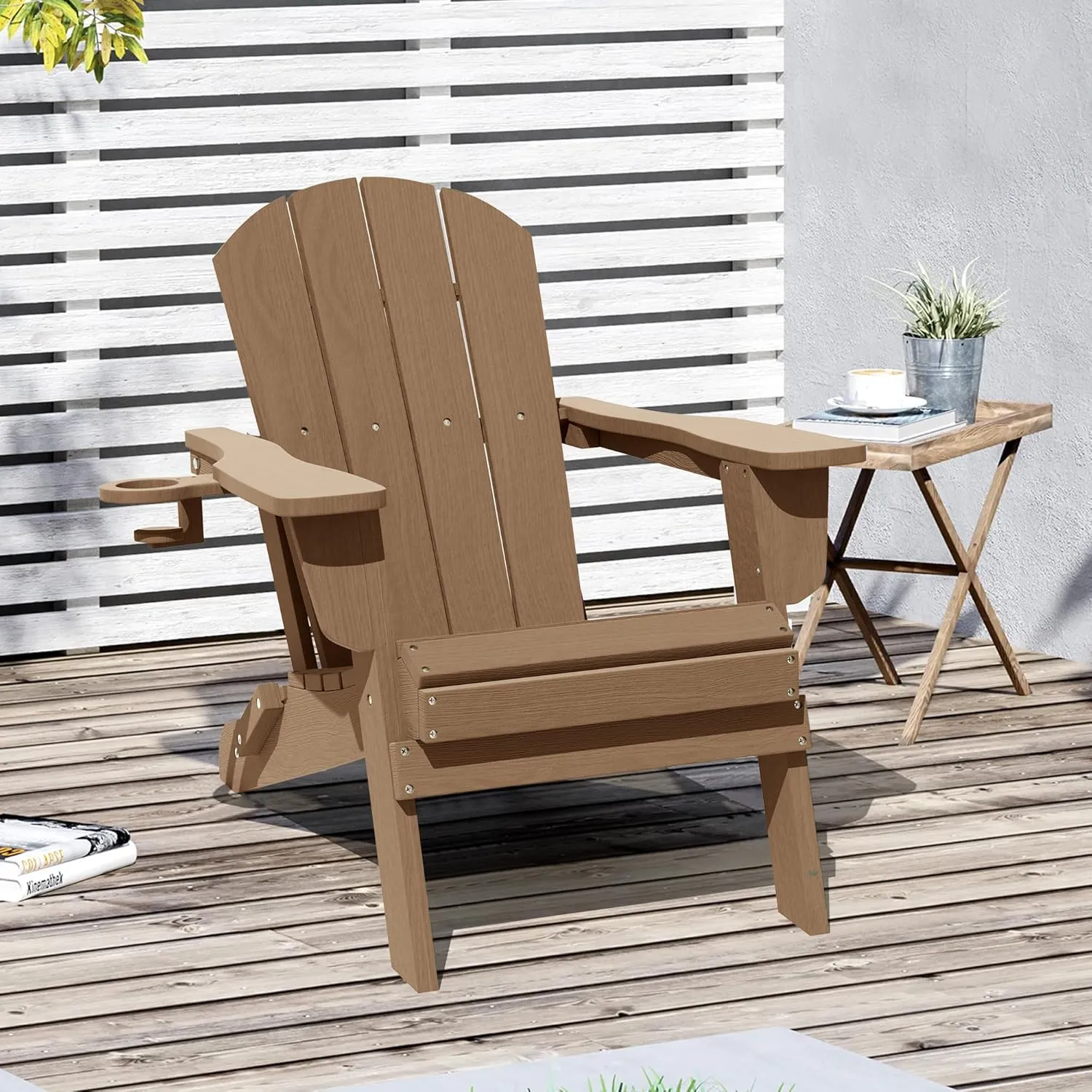 LOUNZY Folding Adirondack Chair with Cup Holder, HDPE All-Weather Folding Patio Chair, Outdoor Patio Adirondack Chair for Lawn Porch Garden Backyard Deck Fire Pit, Brown