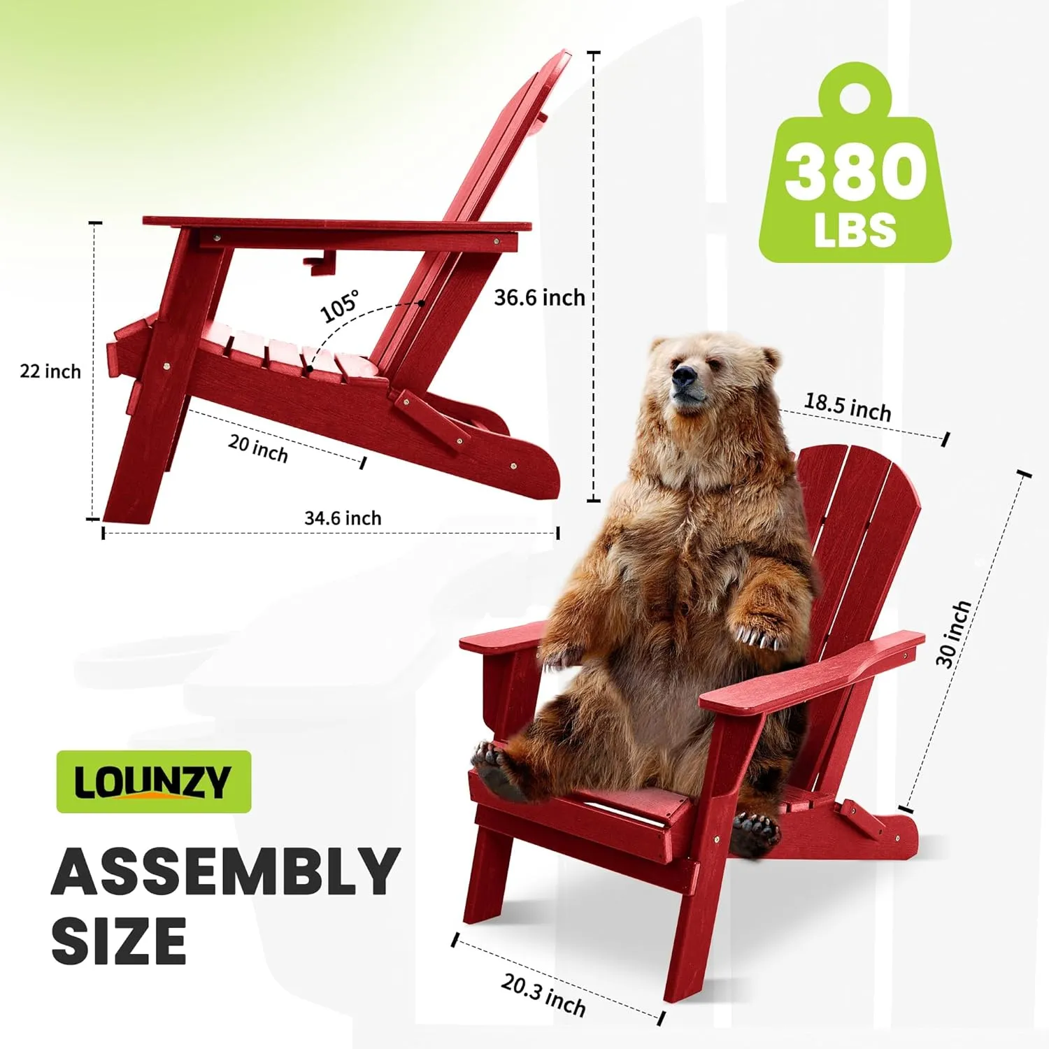 LOUNZY Folding Adirondack Chair with Cup Holder, HDPE All-Weather Folding Patio Chair, Outdoor Patio Adirondack Chair for Lawn Porch Garden Backyard Deck Fire Pit, Dark Red