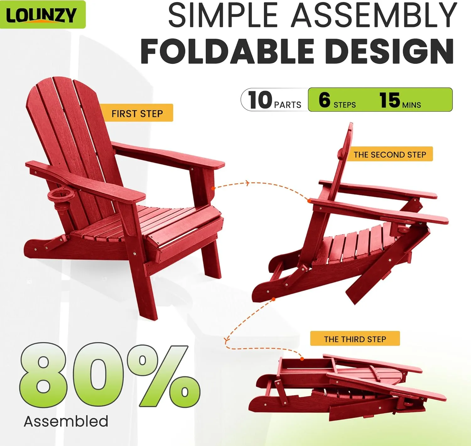 LOUNZY Folding Adirondack Chair with Cup Holder, HDPE All-Weather Folding Patio Chair, Outdoor Patio Adirondack Chair for Lawn Porch Garden Backyard Deck Fire Pit, Dark Red