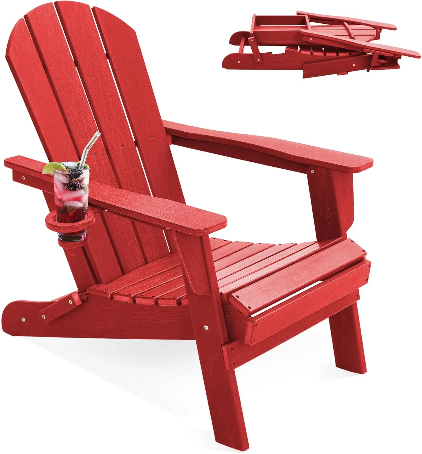 LOUNZY Folding Adirondack Chair with Cup Holder, HDPE All-Weather Folding Patio Chair, Outdoor Patio Adirondack Chair for Lawn Porch Garden Backyard Deck Fire Pit, Dark Red