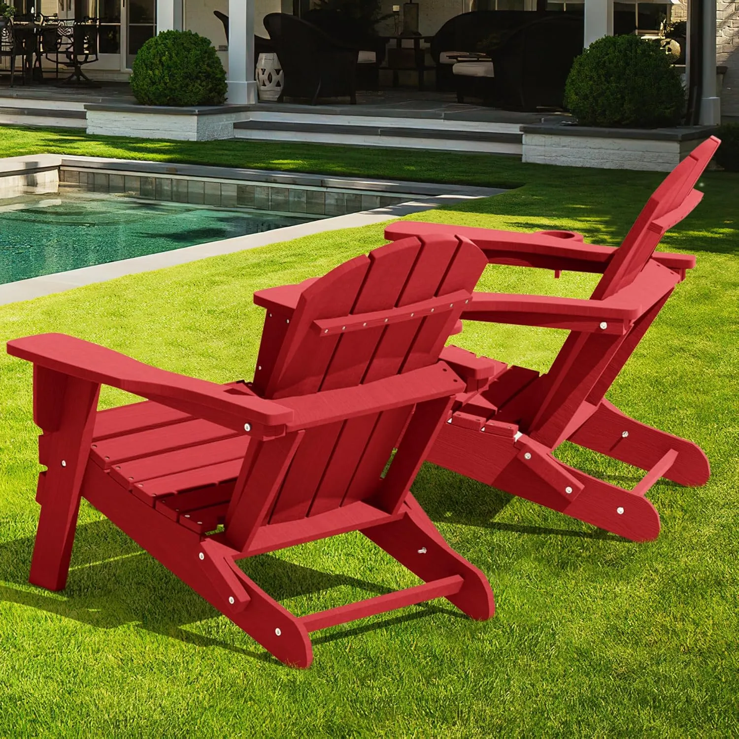 LOUNZY Folding Adirondack Chair with Cup Holder, HDPE All-Weather Folding Patio Chair, Outdoor Patio Adirondack Chair for Lawn Porch Garden Backyard Deck Fire Pit, Dark Red