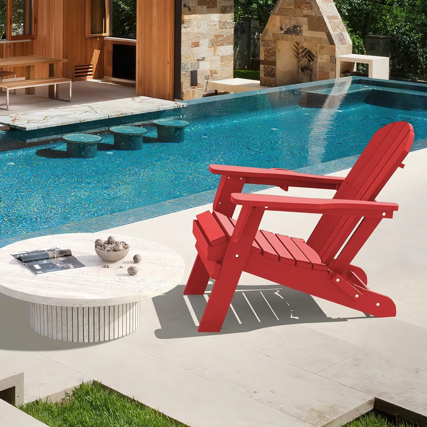 LOUNZY Folding Adirondack Chair with Cup Holder, HDPE All-Weather Folding Patio Chair, Outdoor Patio Adirondack Chair for Lawn Porch Garden Backyard Deck Fire Pit, Dark Red