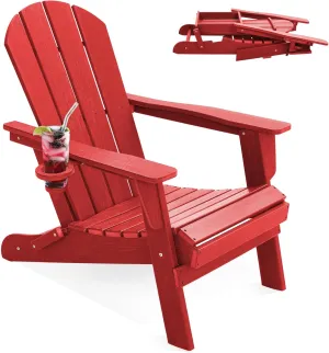 LOUNZY Folding Adirondack Chair with Cup Holder, HDPE All-Weather Folding Patio Chair, Outdoor Patio Adirondack Chair for Lawn Porch Garden Backyard Deck Fire Pit, Dark Red