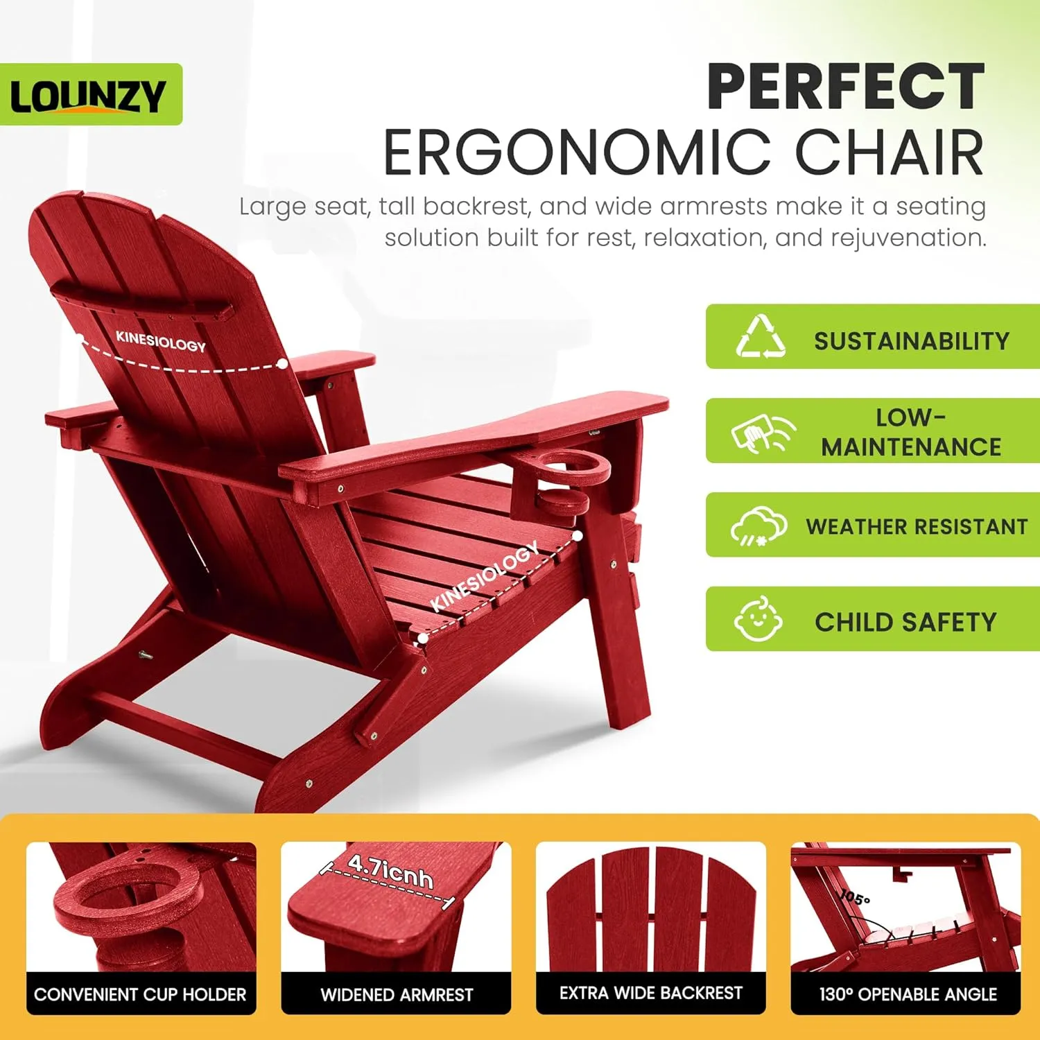 LOUNZY Folding Adirondack Chair with Cup Holder, HDPE All-Weather Folding Patio Chair, Outdoor Patio Adirondack Chair for Lawn Porch Garden Backyard Deck Fire Pit, Dark Red