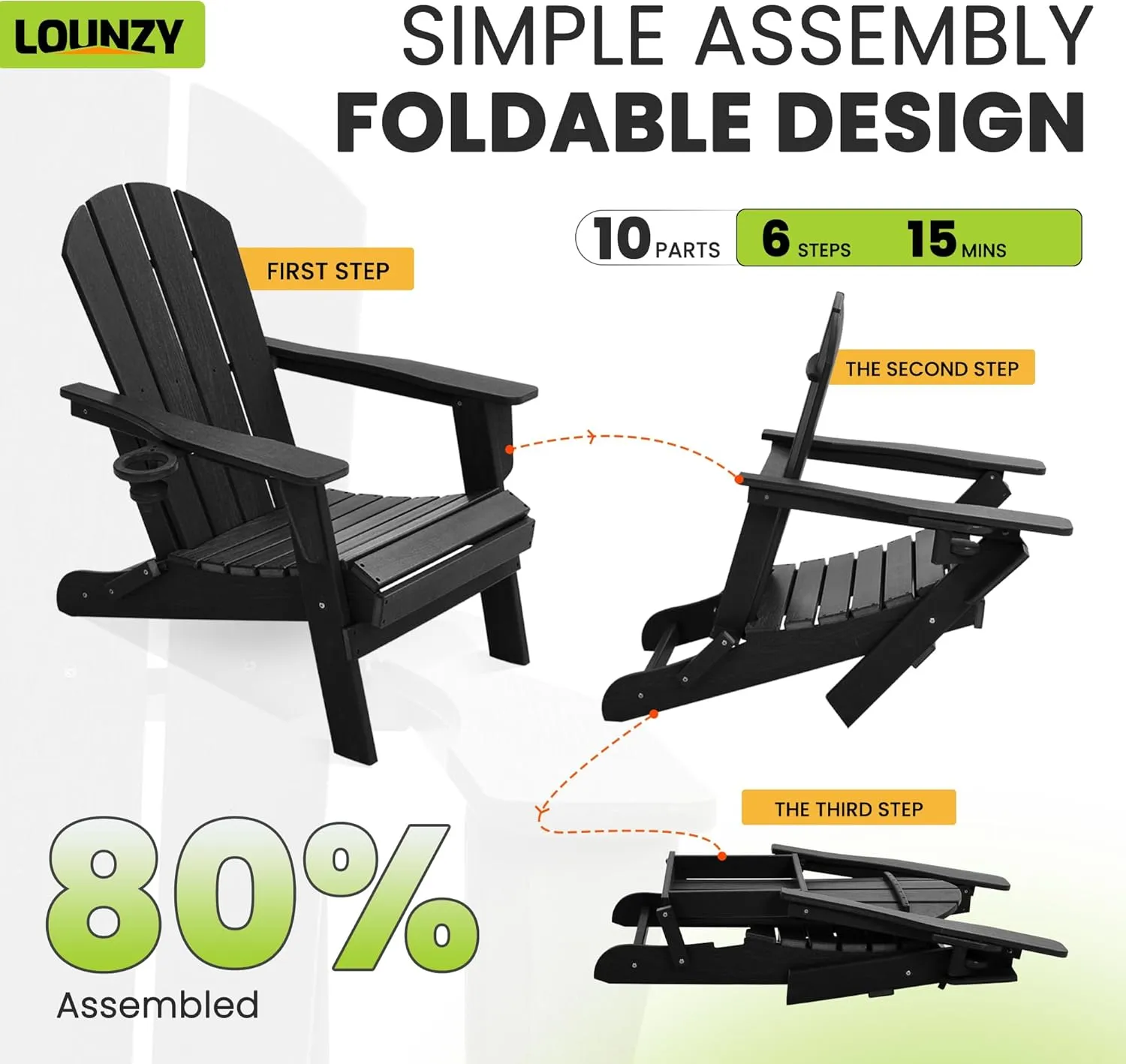 LOUNZY Folding Adirondack Chairs Set of 2, HDPE All-Weather Folding Adirondack Chair with Cup Holders, Outdoor Patio Adirondack Chair for Deck Lawn Fire Pit, Black