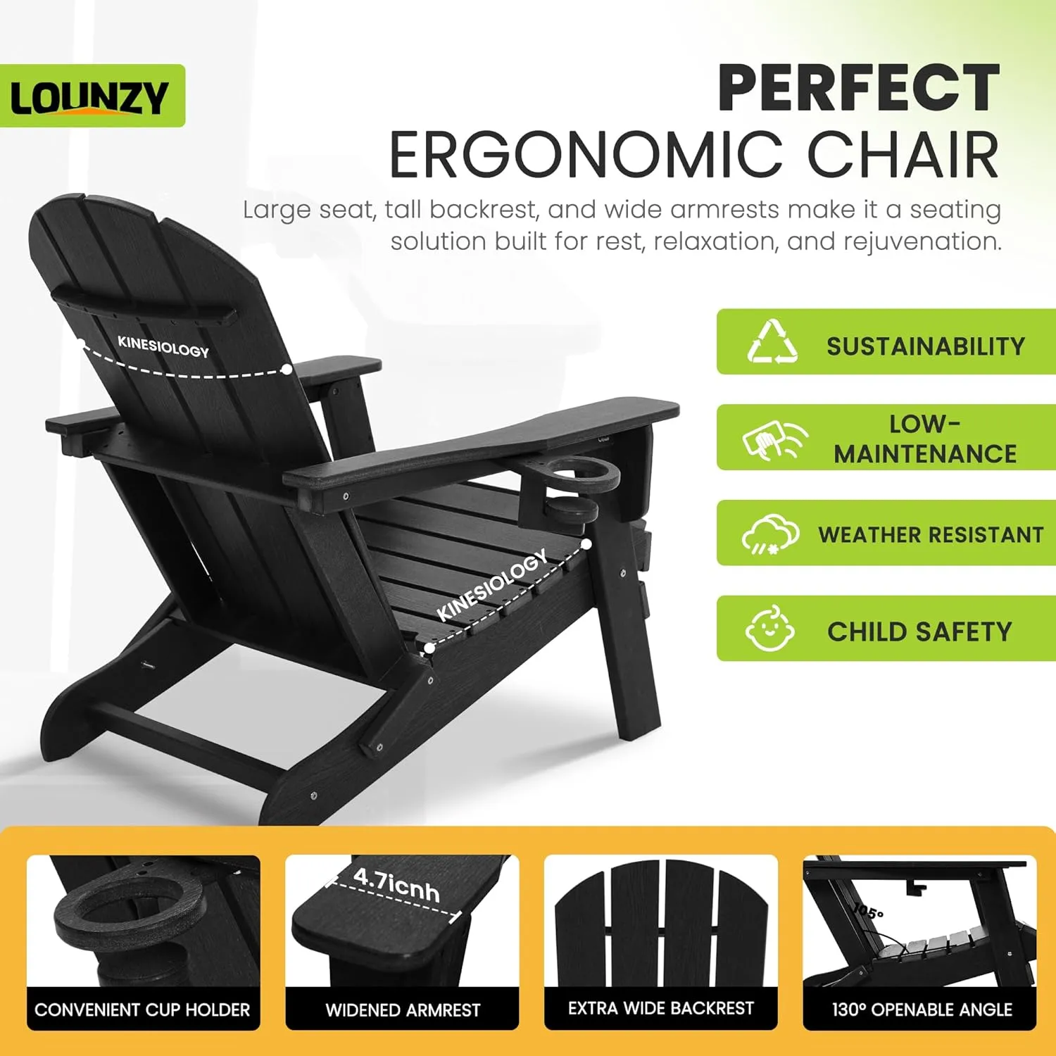 LOUNZY Folding Adirondack Chairs Set of 2, HDPE All-Weather Folding Adirondack Chair with Cup Holders, Outdoor Patio Adirondack Chair for Deck Lawn Fire Pit, Black