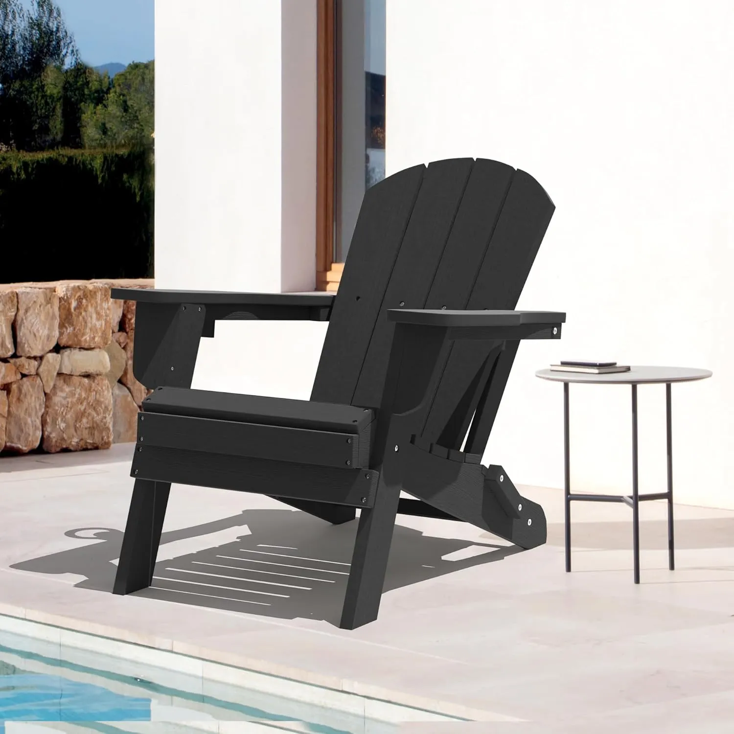 LOUNZY Folding Adirondack Chairs Set of 2, HDPE All-Weather Folding Adirondack Chair with Cup Holders, Outdoor Patio Adirondack Chair for Deck Lawn Fire Pit, Black