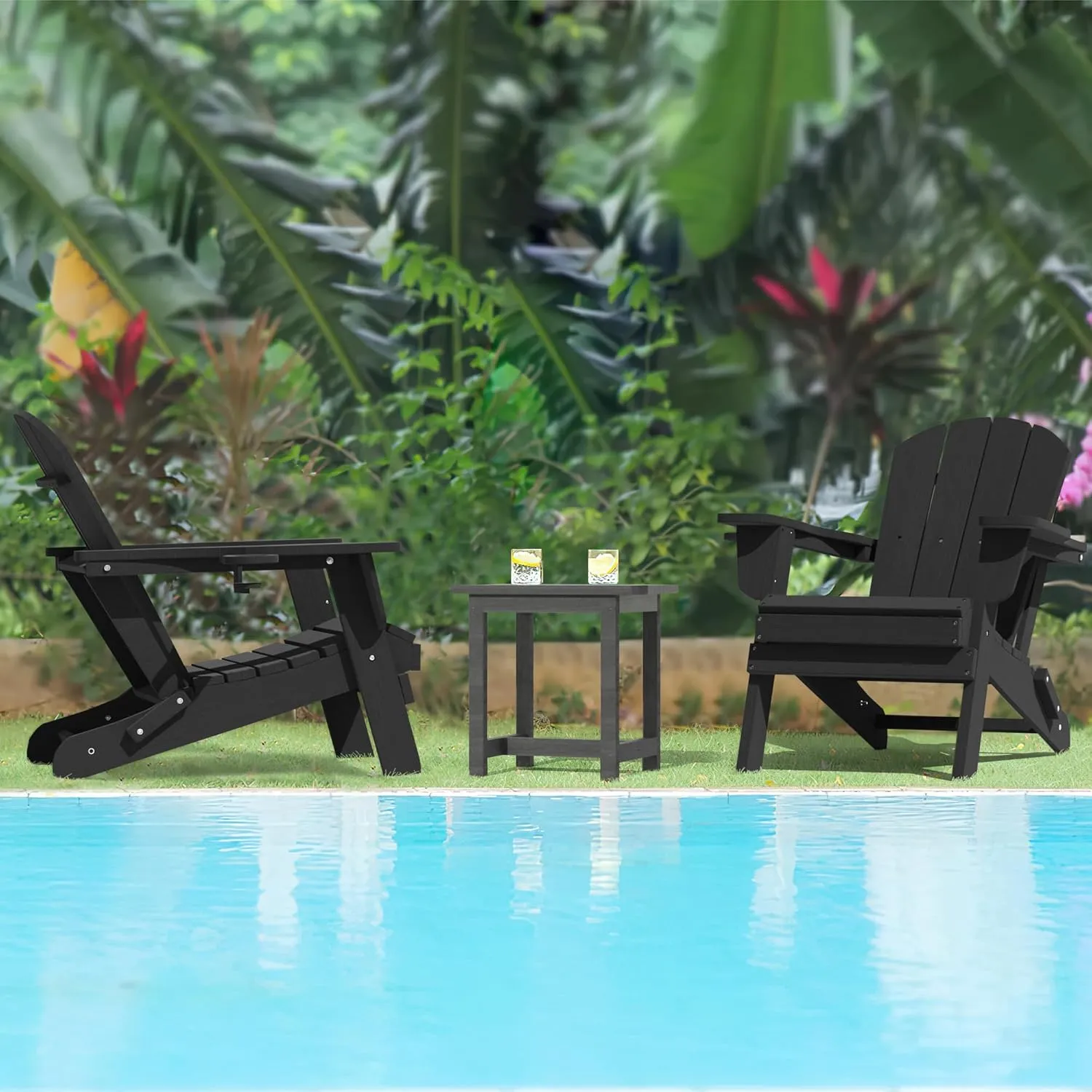 LOUNZY Folding Adirondack Chairs Set of 2, HDPE All-Weather Folding Adirondack Chair with Cup Holders, Outdoor Patio Adirondack Chair for Deck Lawn Fire Pit, Black