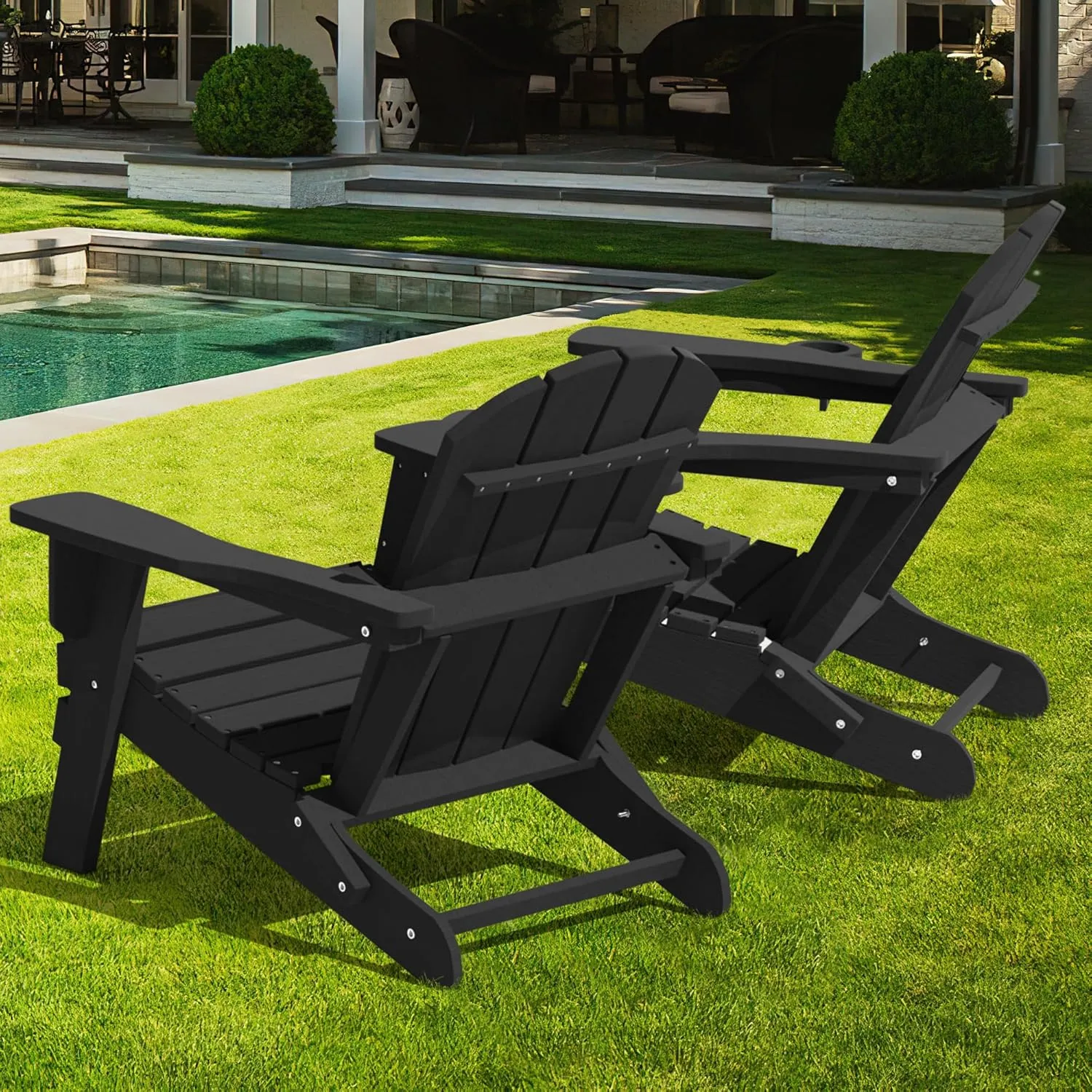 LOUNZY Folding Adirondack Chairs Set of 2, HDPE All-Weather Folding Adirondack Chair with Cup Holders, Outdoor Patio Adirondack Chair for Deck Lawn Fire Pit, Black