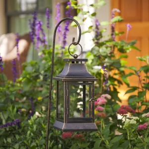 Luminara Heritage Lantern & Shepherd's Hook - Bronze - 12" x 6" x 38" - Metal & Glass, No Battery, Outdoor, Fits Luminara Flameless Candles