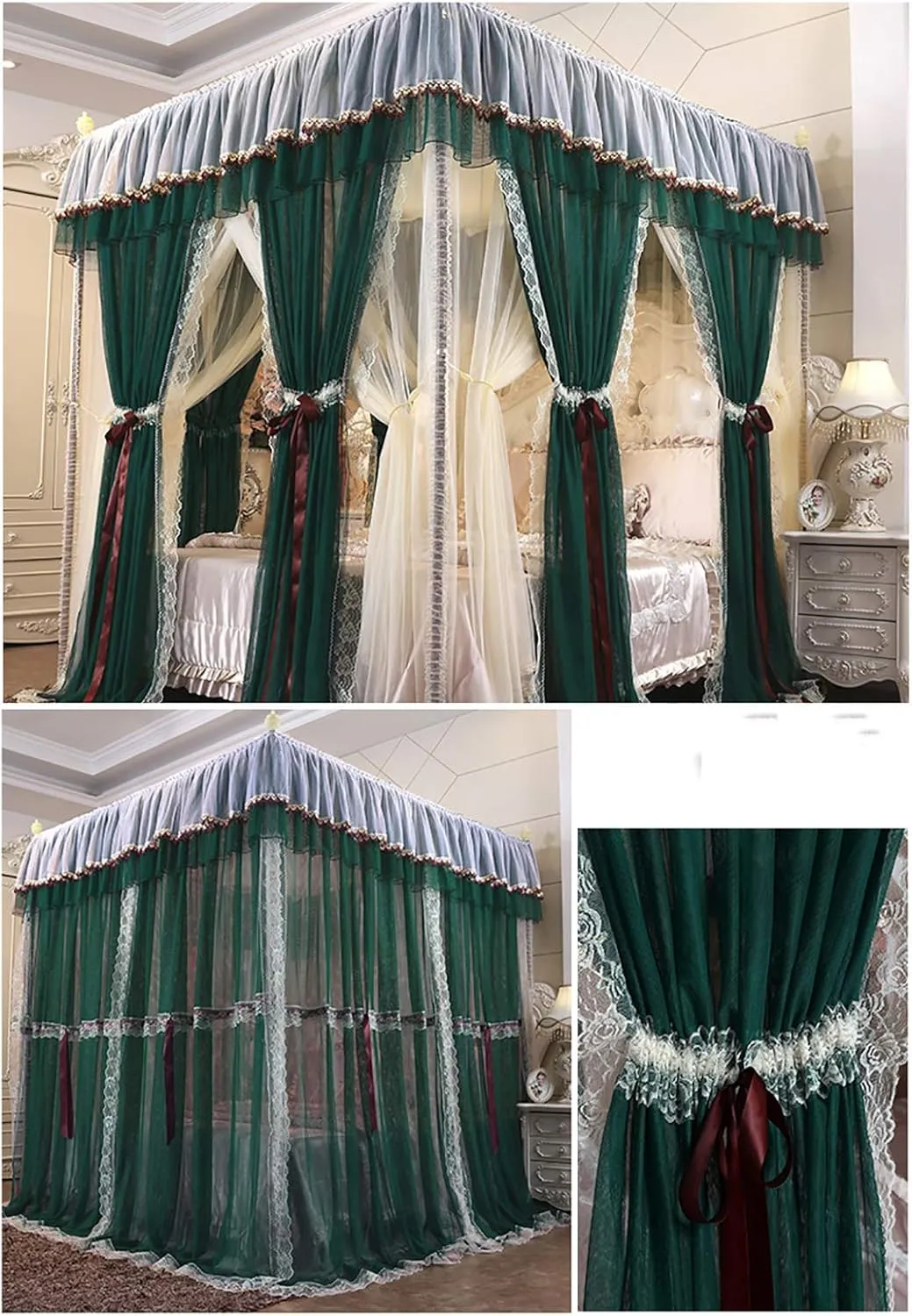 Luxury Princess Bedspread, Double Layer Curtain with Encryption, Large Mosquito Net with Anti-Dust Ceiling Curtain (Dark Green 150 x 200 x 210 cm)