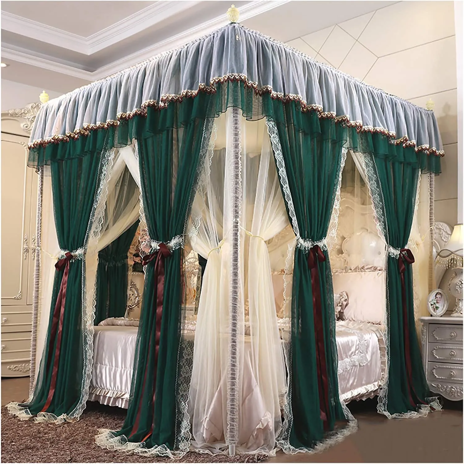 Luxury Princess Bedspread, Double Layer Curtain with Encryption, Large Mosquito Net with Anti-Dust Ceiling Curtain (Dark Green 150 x 200 x 210 cm)