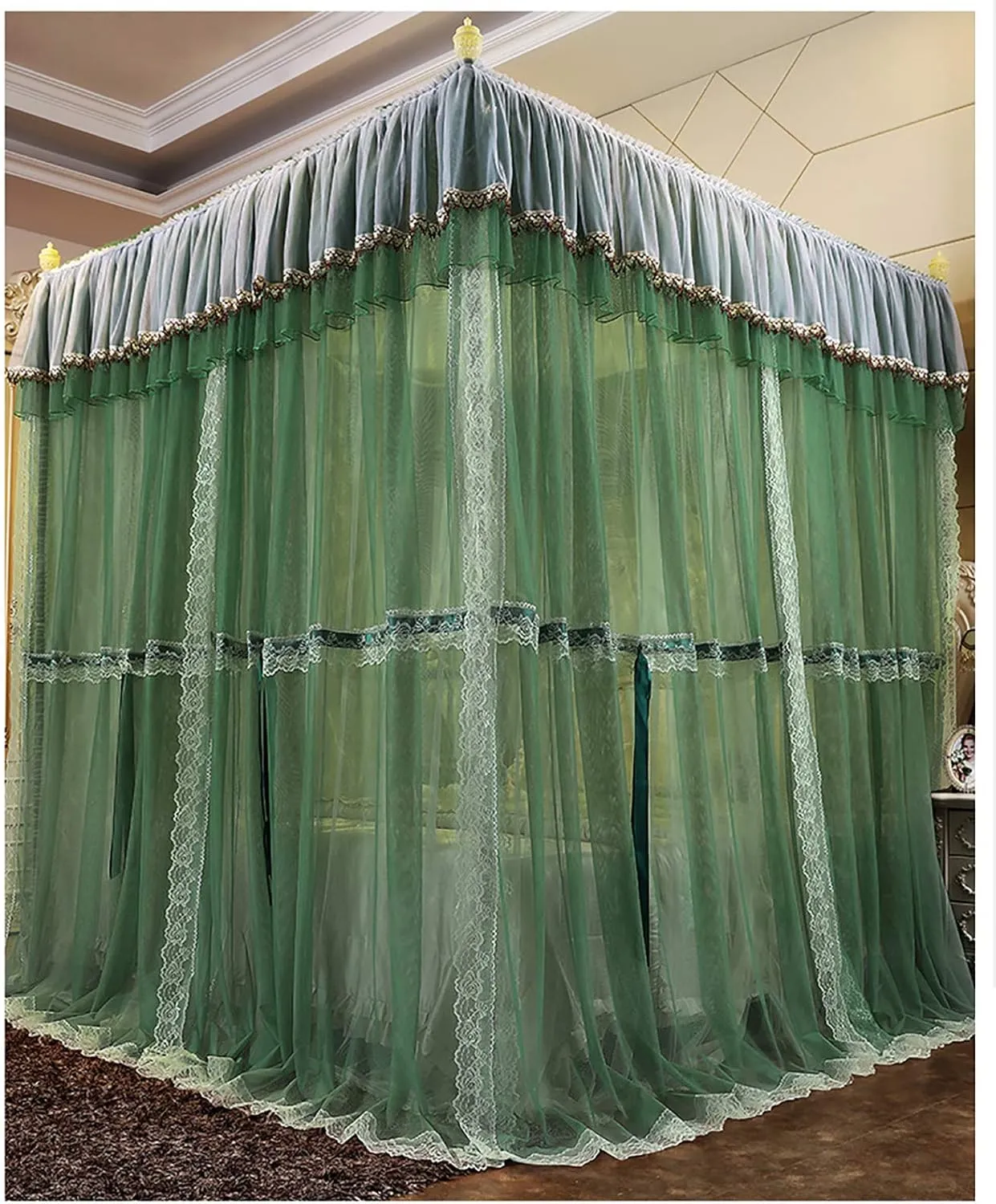 Luxury Princess Bedspread, Double Layer Curtain with Encryption, Large Mosquito Net with Anti-Dust Ceiling Curtain (Dark Green 150 x 200 x 210 cm)