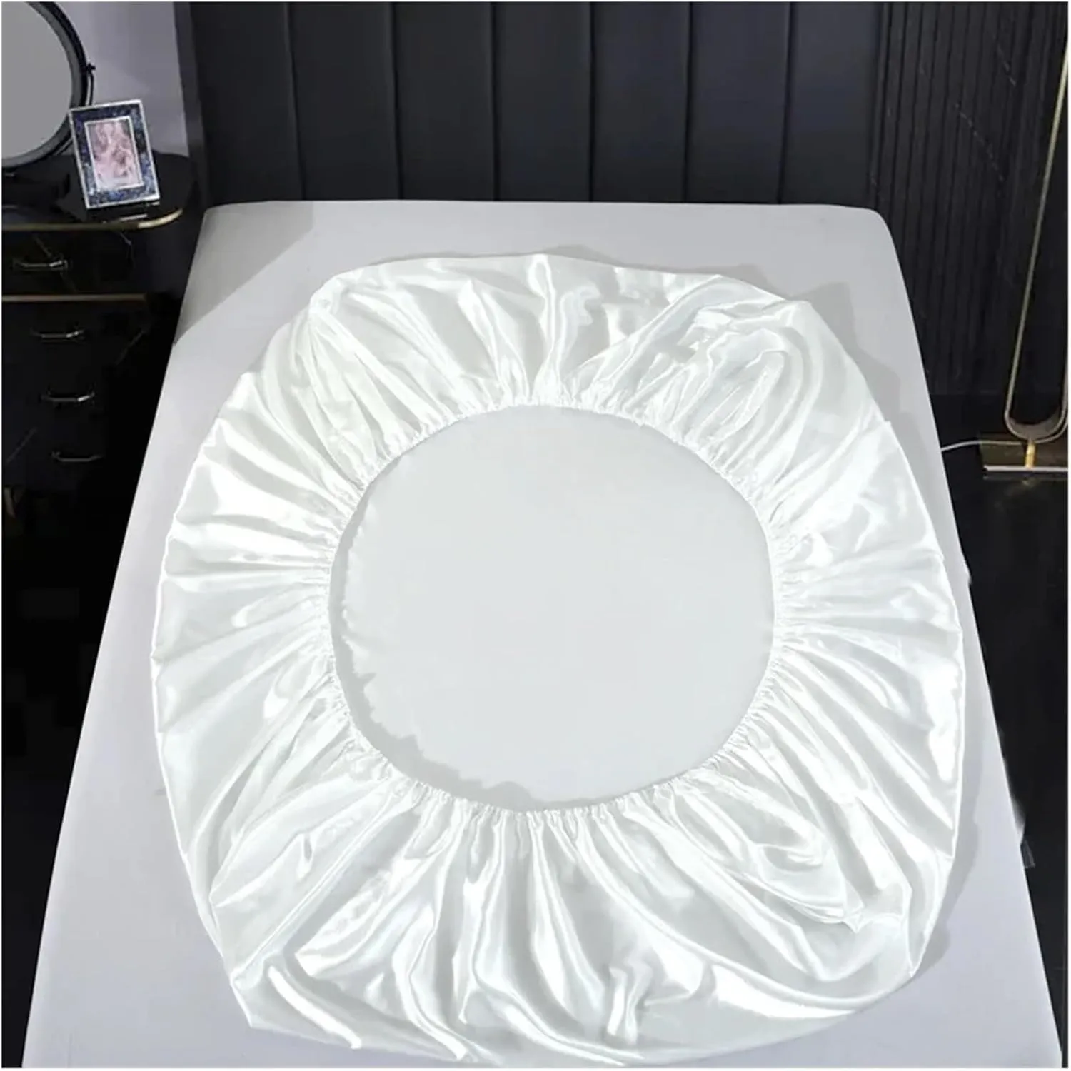 Luxury Satin Fitted Sheet Solid Color Mattress Cover with Elastic Band Bedsheet Single Double Queen King Size Fit Sheet(Color 01,King)