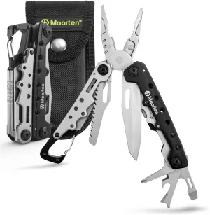 Maarten Lightweight Multitool Pliers, 11 in 1 Suspension Multi-Plier with Carabiner, Stainless Steel Portable Pocket Keychain Multi tool with Spring Pliers, Folding Saw, Bottle Opener and Sheath