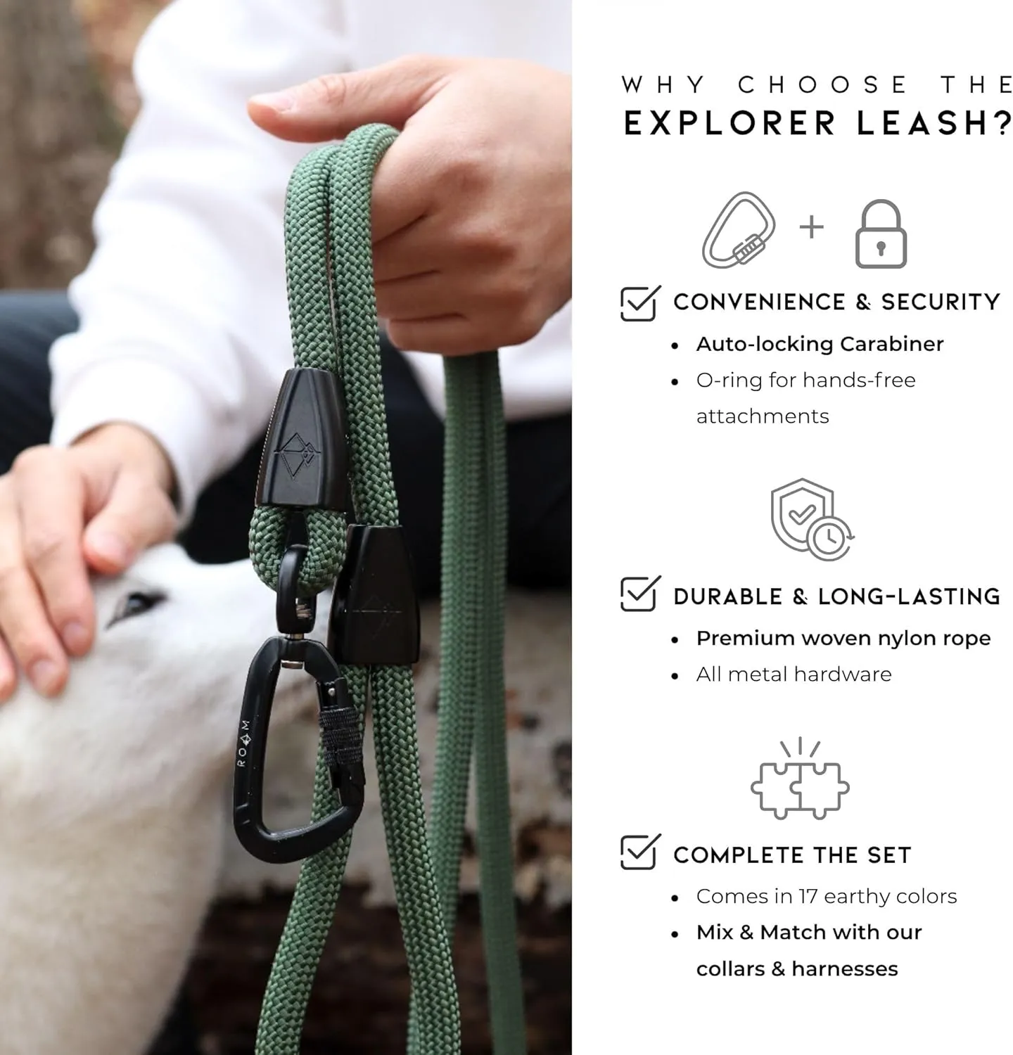 MADE TO ROAM Premium Explorer Leash - Climbing Rope Leash with Autolocking Aviation Aluminum Carabiner - Oregon Haze, 4ft