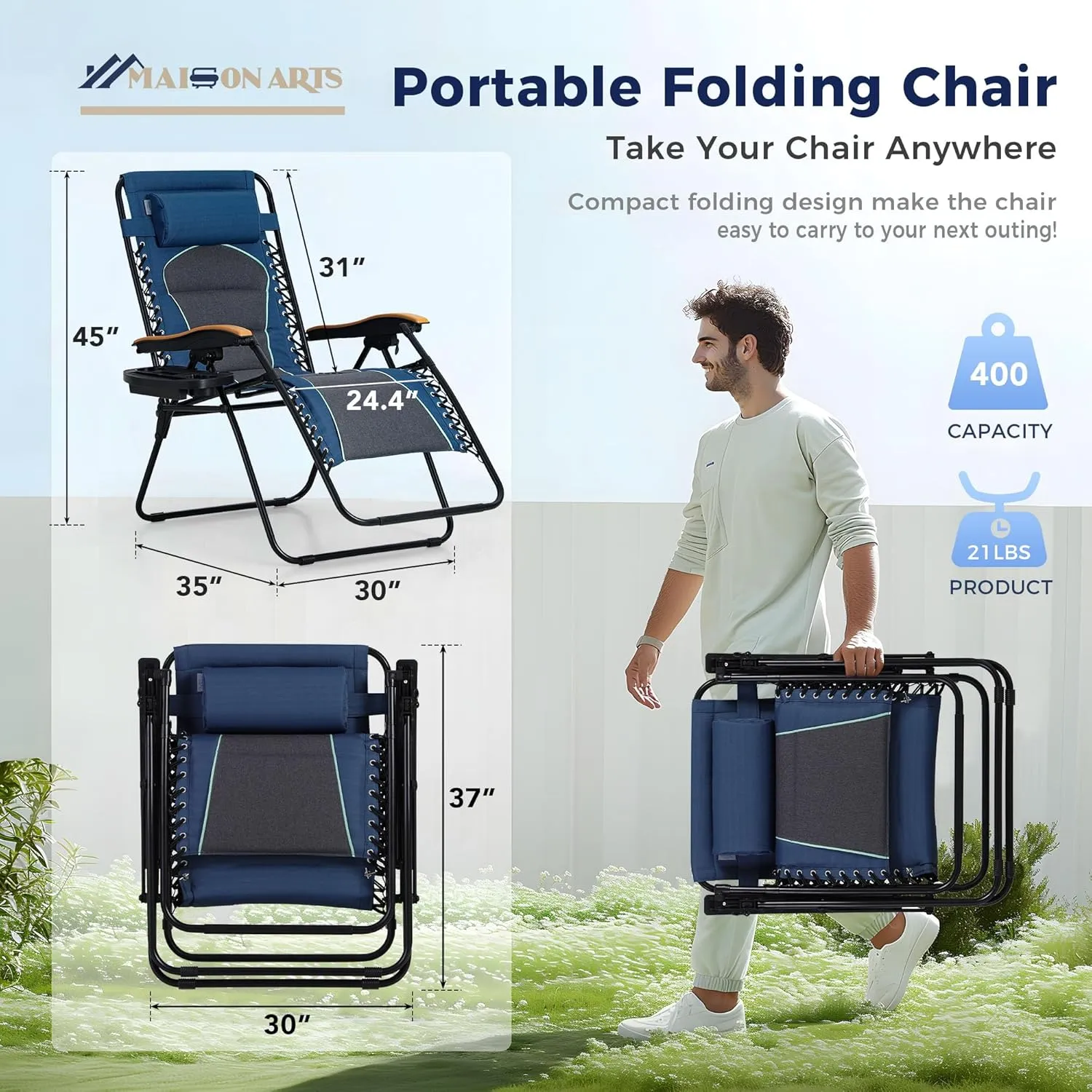 MAISON ARTS Oversized XXL Padded Zero Gravity Lounge Chair 30" Wide Seat Anti Gravity Lawn Chair Foldable Recliner Outdoor Camp Chair for Poolside Backyard Beach, Support 400LBS, Blue