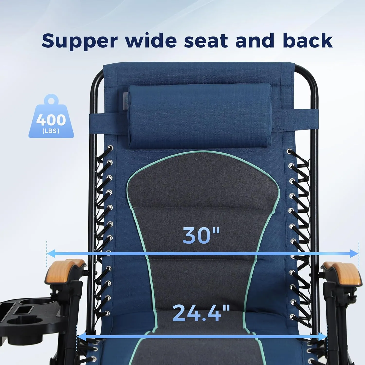 MAISON ARTS Oversized XXL Padded Zero Gravity Lounge Chair 30" Wide Seat Anti Gravity Lawn Chair Foldable Recliner Outdoor Camp Chair for Poolside Backyard Beach, Support 400LBS, Blue