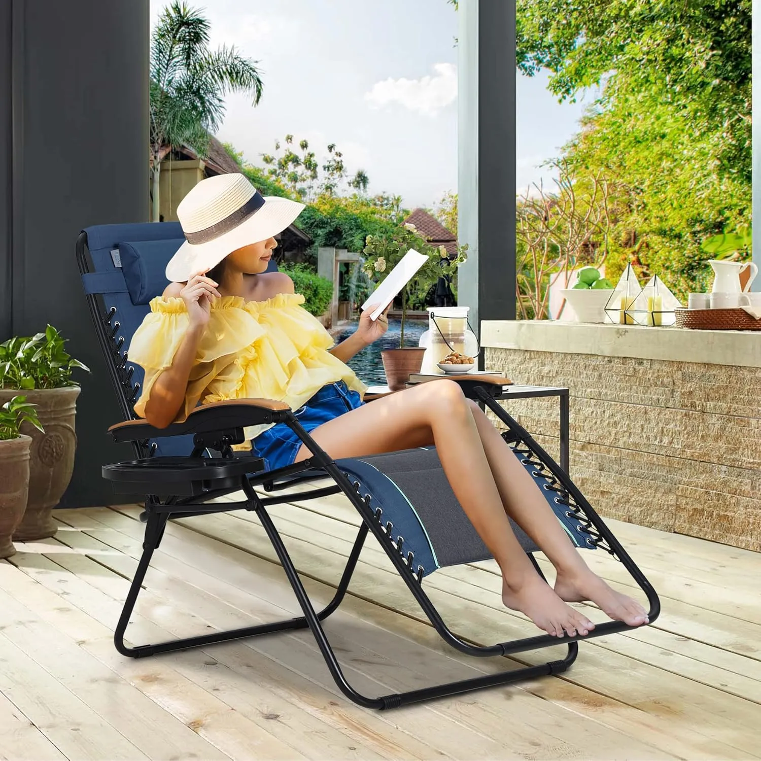 MAISON ARTS Oversized XXL Padded Zero Gravity Lounge Chair 30" Wide Seat Anti Gravity Lawn Chair Foldable Recliner Outdoor Camp Chair for Poolside Backyard Beach, Support 400LBS, Blue