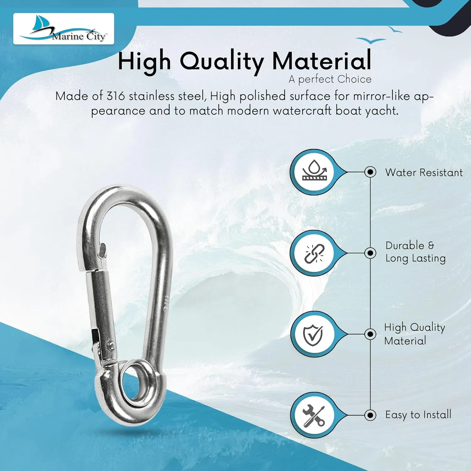MARINE CITY Carabiner Clip Snap Hook with Ring – 2 Inches, 316 Stainless Steel, Rustproof & Heavy Duty, Ideal for Climbing, Fishing, Hiking, Boating, Sailing, Camping (Pack of 2)