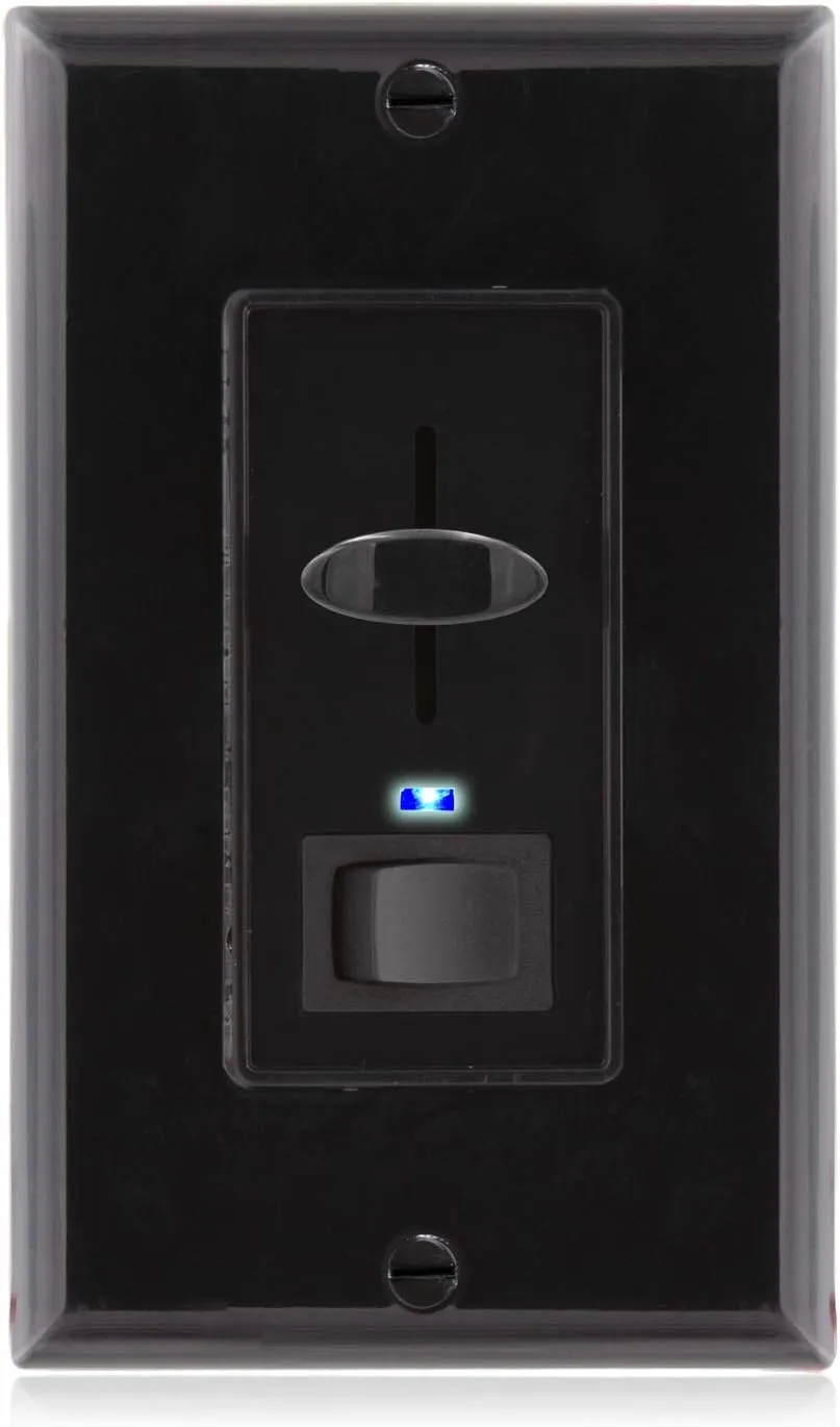 Maxxima Dimmer Electrical Light Switch - Featuring Blue Indicator Light, LED Compatible, 3-Way/Single Pole Use, 600 Watt Max, Dimmable Lamp and Lighting Control, Wall Plate Included - Black