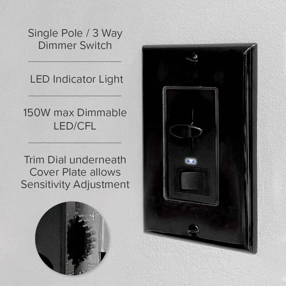 Maxxima Dimmer Electrical Light Switch - Featuring Blue Indicator Light, LED Compatible, 3-Way/Single Pole Use, 600 Watt Max, Dimmable Lamp and Lighting Control, Wall Plate Included - Black