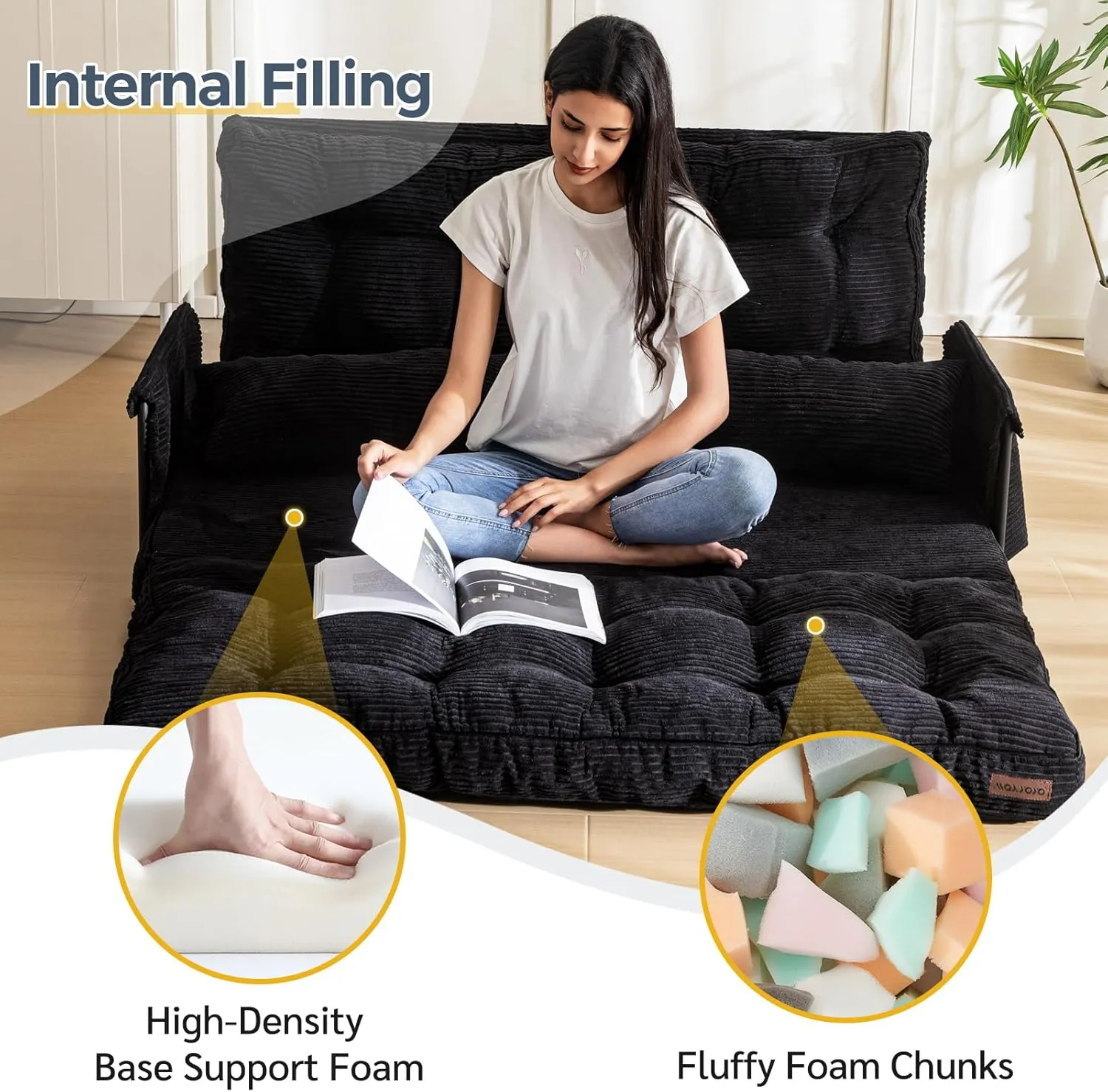 MAXYOYO Adjustable Floor Sofa Couch with 2 Pillows, Multi-Functional Bean Bag Bed, 5-Position Foldable Lazy Sofa Sleeper Bed with Armrest, Versatile Floor Seating for Reading, Black, Double