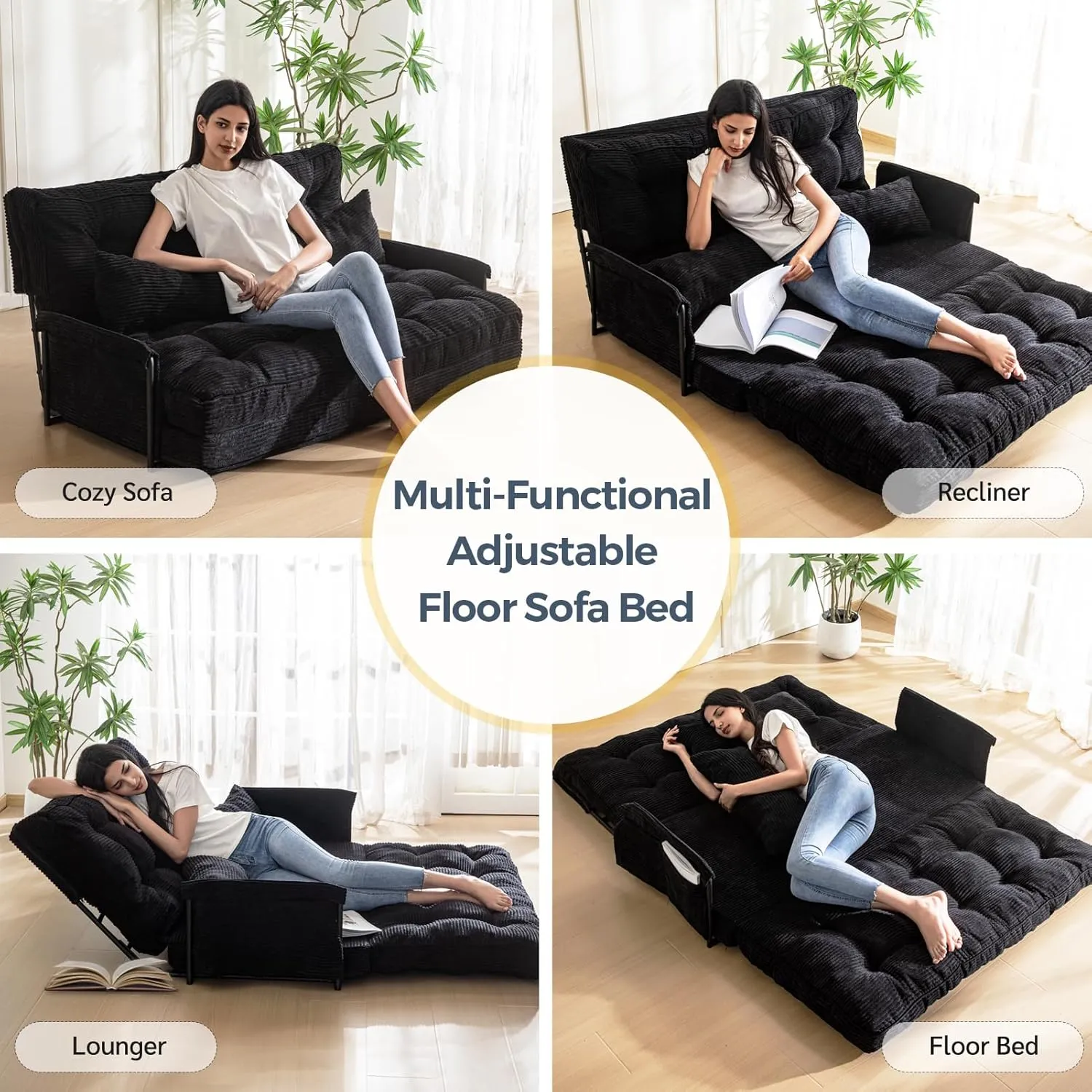 MAXYOYO Adjustable Floor Sofa Couch with 2 Pillows, Multi-Functional Bean Bag Bed, 5-Position Foldable Lazy Sofa Sleeper Bed with Armrest, Versatile Floor Seating for Reading, Black, Double