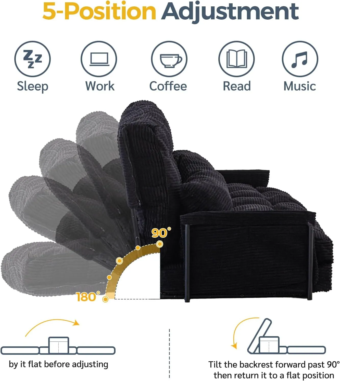 MAXYOYO Adjustable Floor Sofa Couch with 2 Pillows, Multi-Functional Bean Bag Bed, 5-Position Foldable Lazy Sofa Sleeper Bed with Armrest, Versatile Floor Seating for Reading, Black, Double